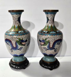 Pair of Chinese Bronze Cloisonné Enameled Vases on Wooden Stands