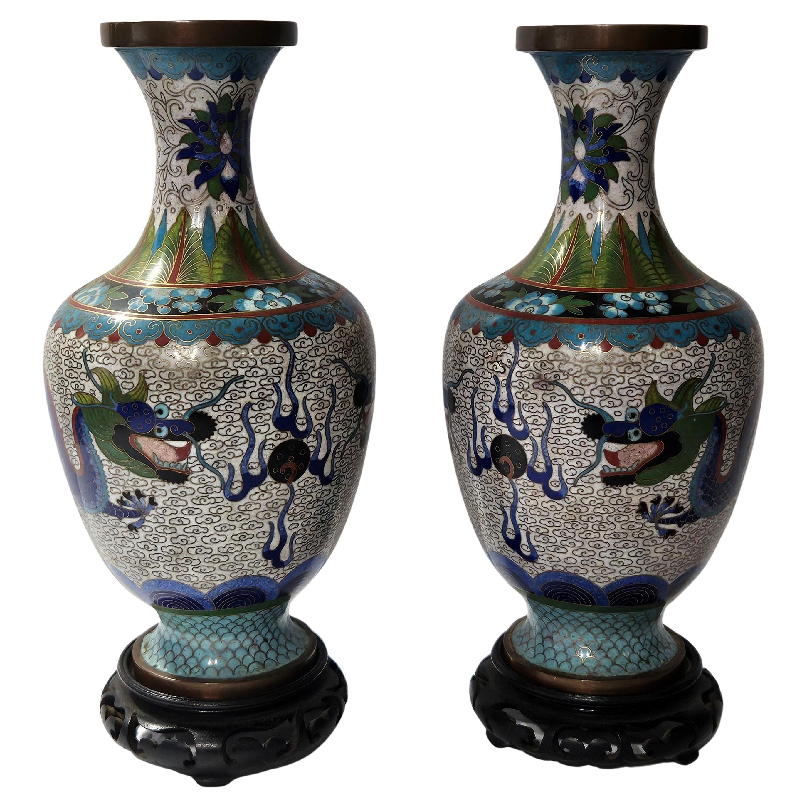 Pair of Chinese Bronze Cloisonné Enameled Vases on Wooden Stands