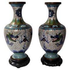 Pair of Chinese Bronze Cloisonné Enameled Vases on Wooden Stands