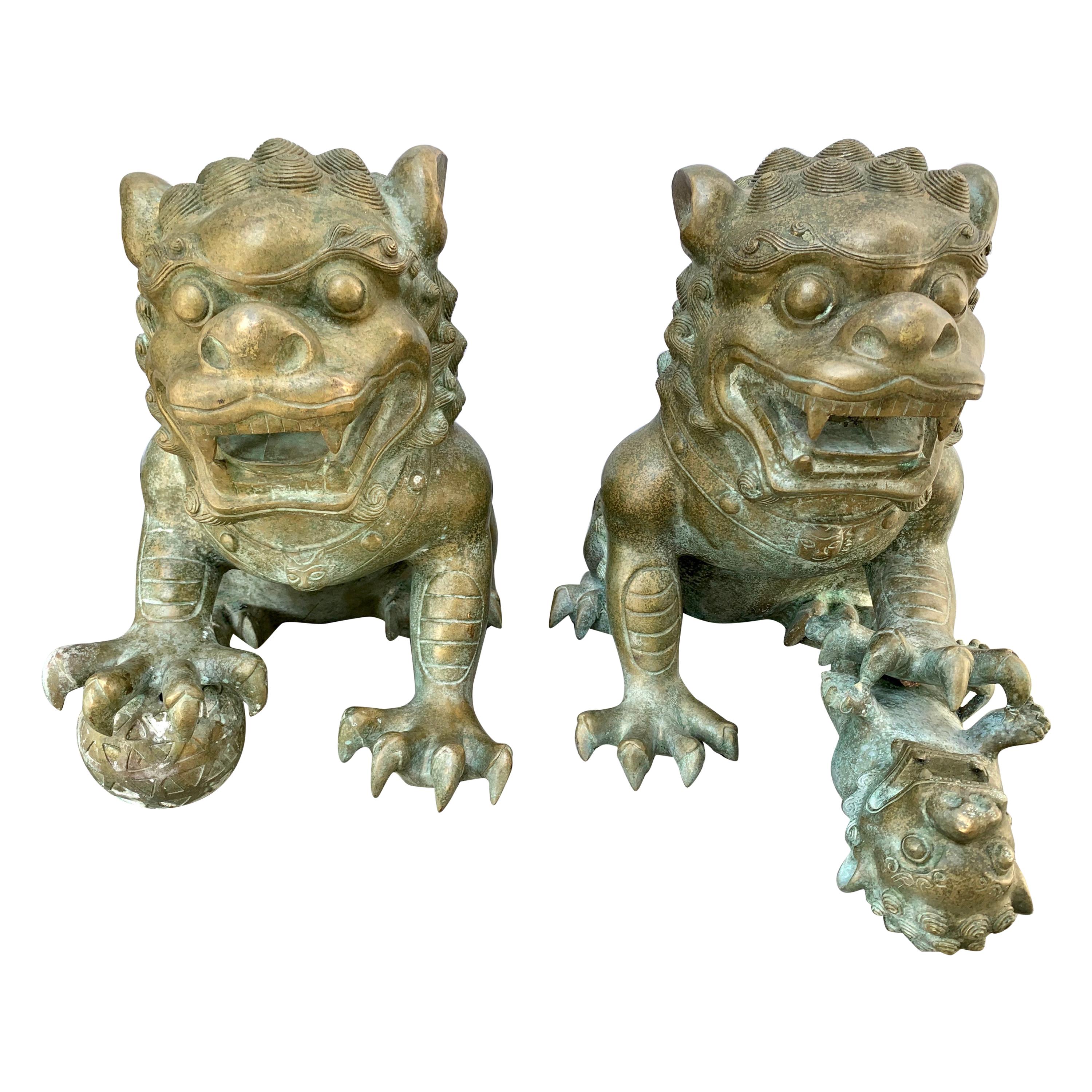 Pair of Chinese Bronze Foo Dogs Statues