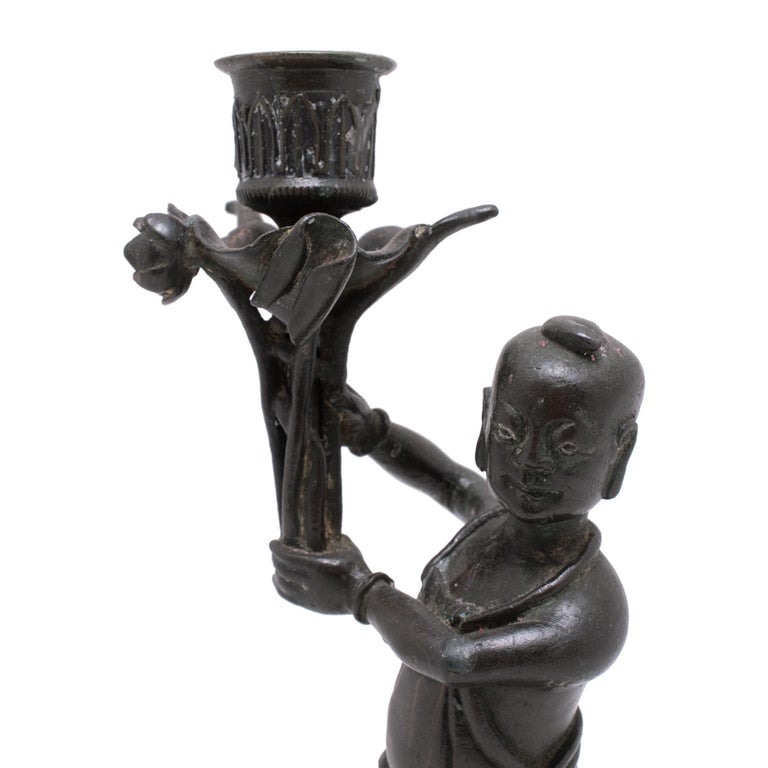 Pair of Chinese Bronze Ho Ho Boy Candle Stands, C. 1900 For Sale at 1stDibs