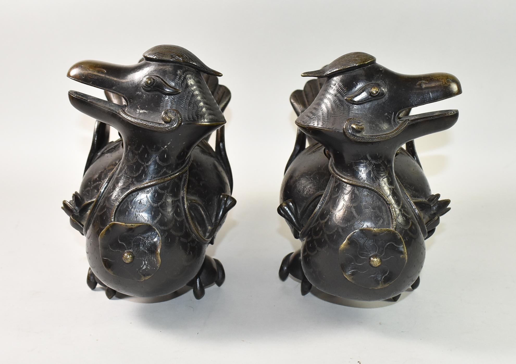 19th Century Pair of Chinese Bronze Mandarin Duck Form Censors For Sale
