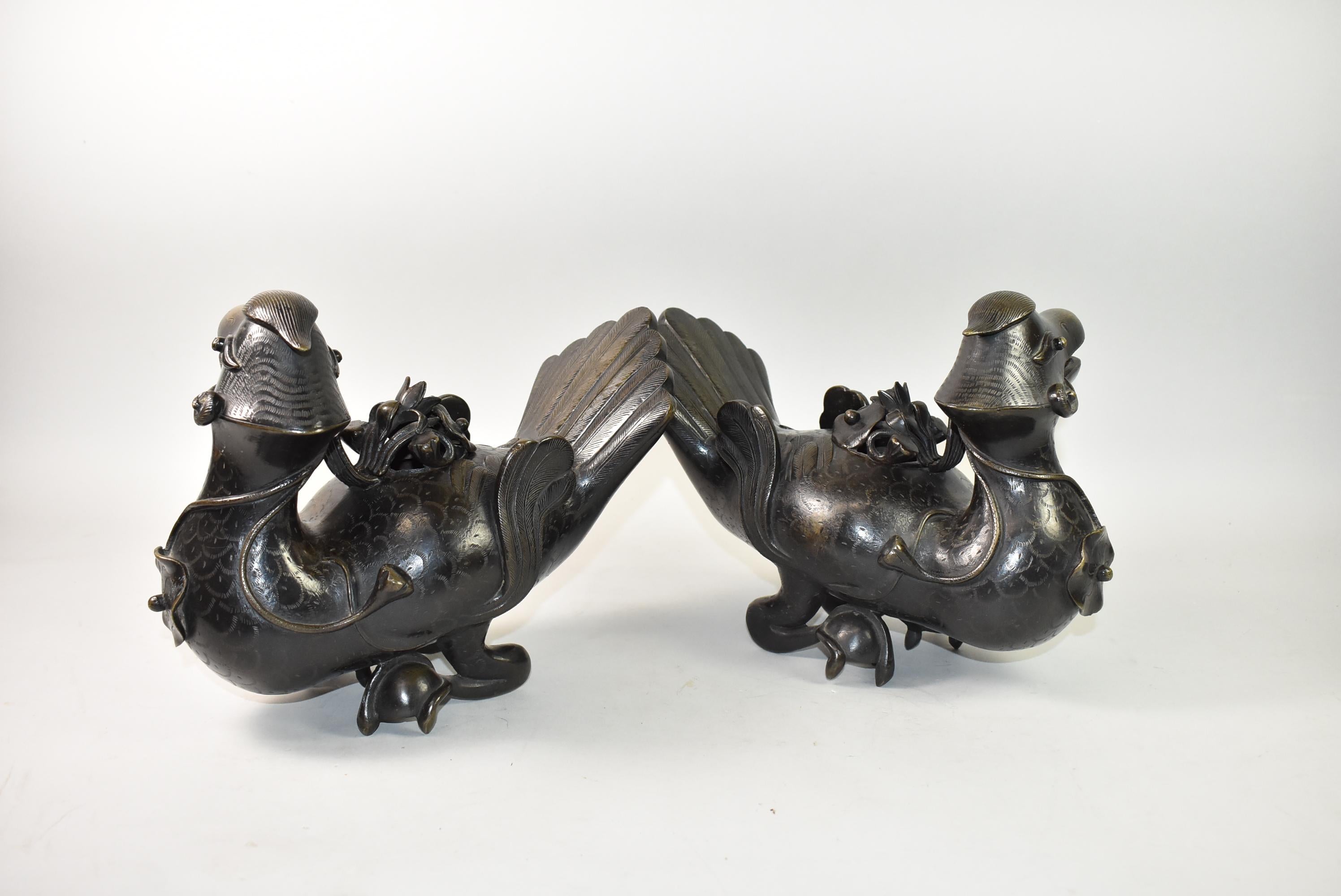 Pair of Chinese Bronze Mandarin Duck Form Censors For Sale 1