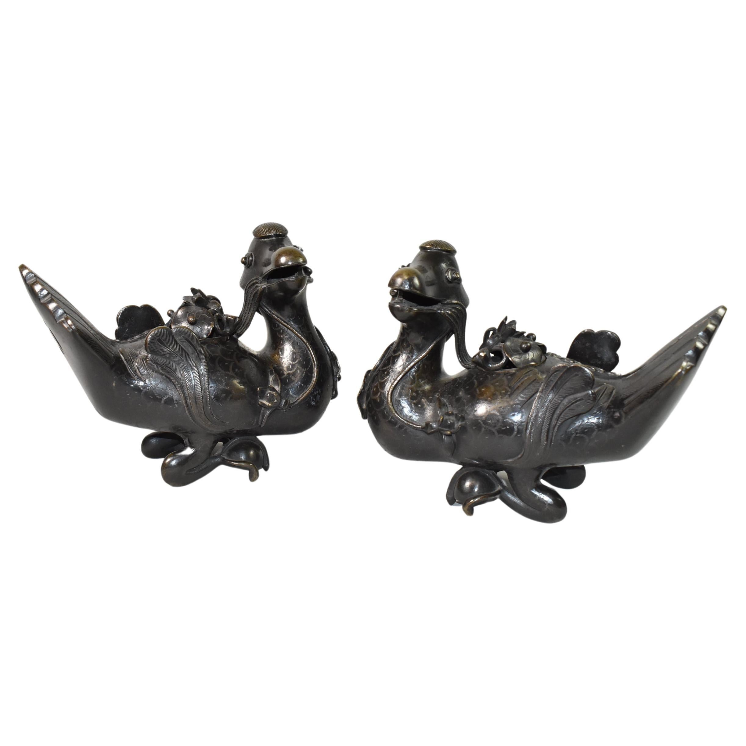 Pair of Chinese Bronze Mandarin Duck Form Censors For Sale