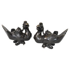 Pair of Chinese Bronze Mandarin Duck Form Censors