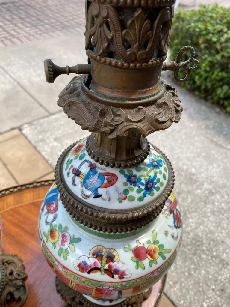 Brass Pair of Chinese Bronze Mounter Rose Mandarin Porcelain LAMPS  For Sale