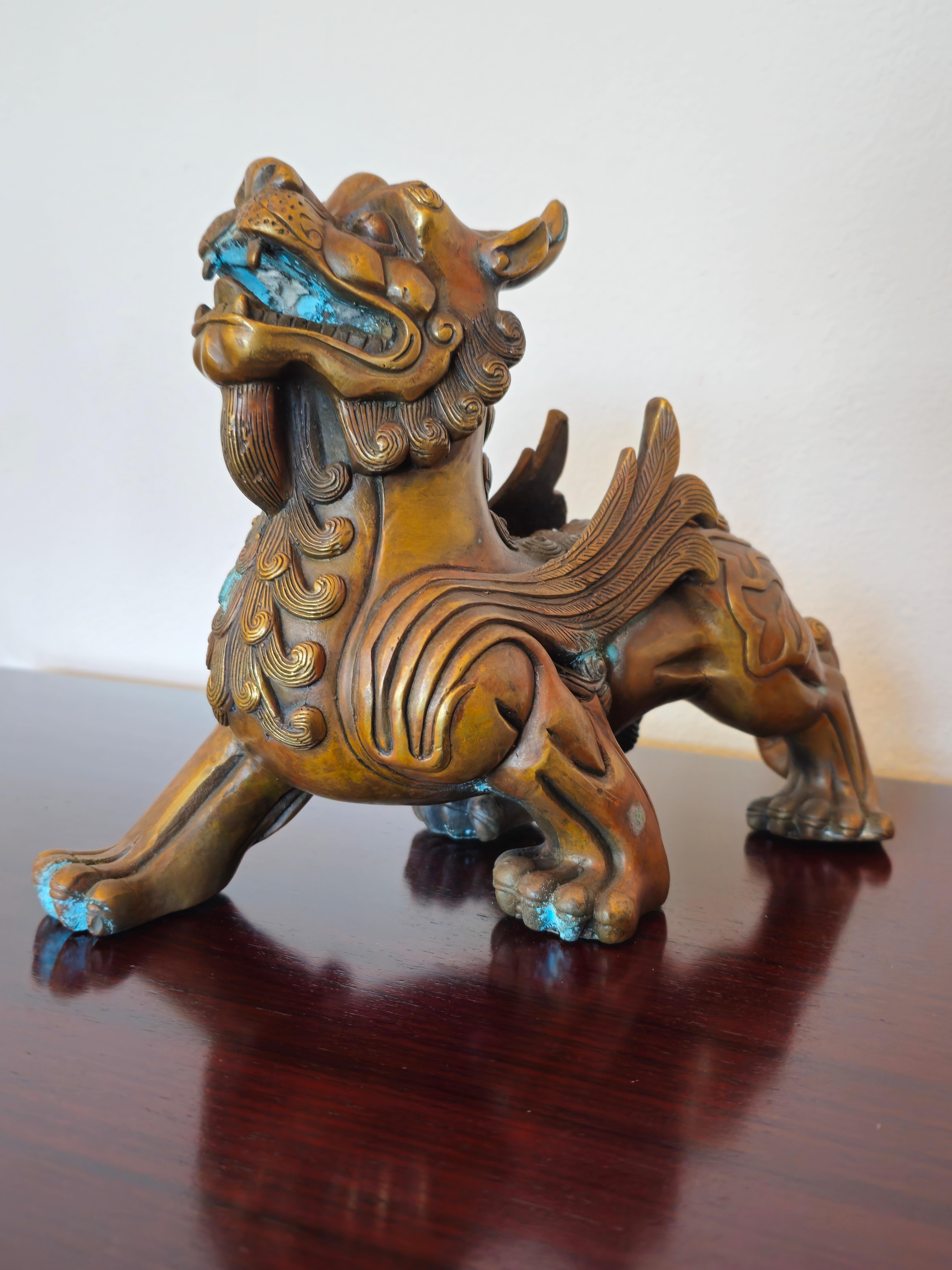 Paar chinesische Bronze Pixiu geflügelte Löwenfigur Feng Shui Mythische Tierstatue aus Bronze, Pixiu im Angebot 5