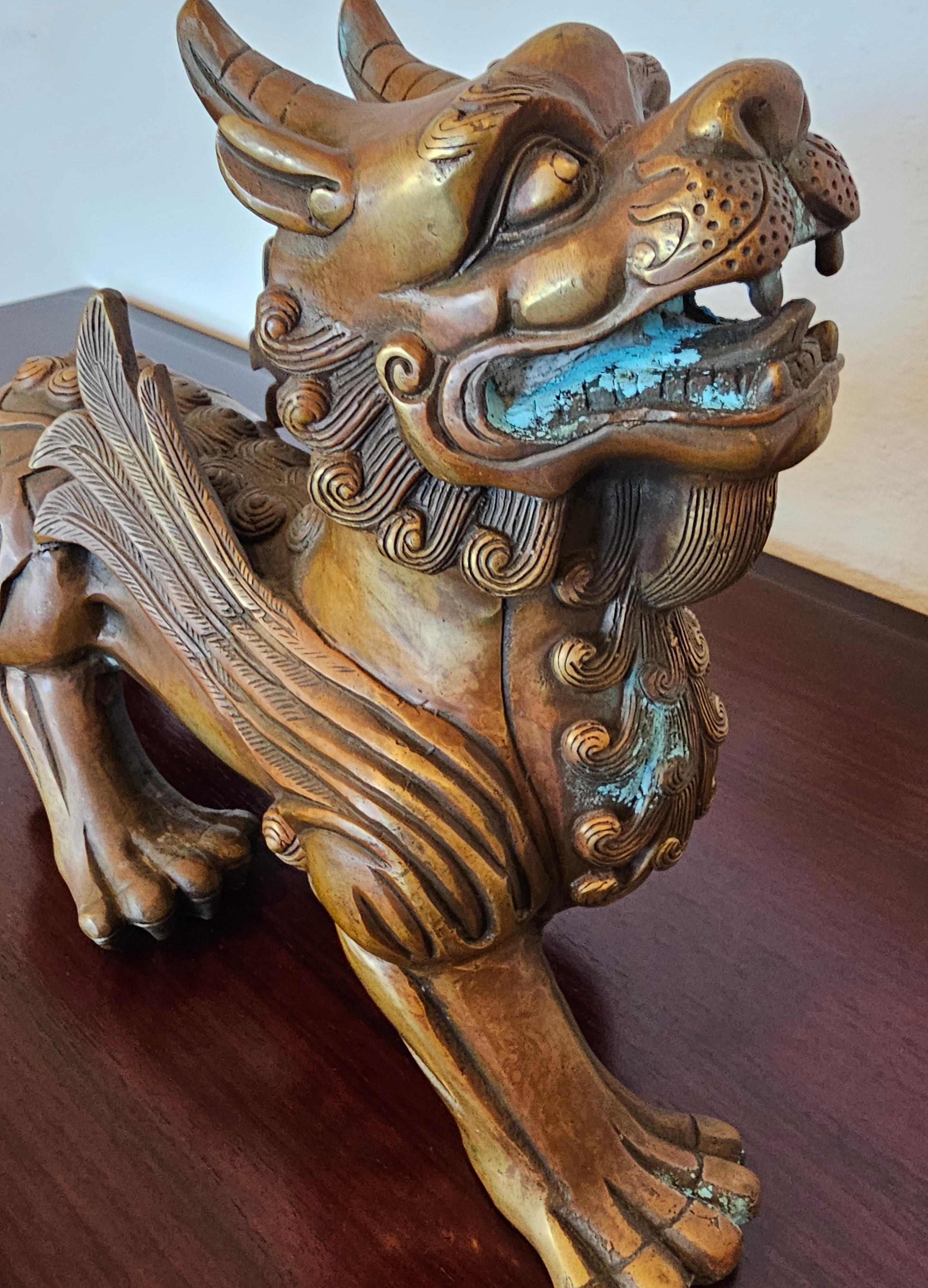 Paar chinesische Bronze Pixiu geflügelte Löwenfigur Feng Shui Mythische Tierstatue aus Bronze, Pixiu im Angebot 6