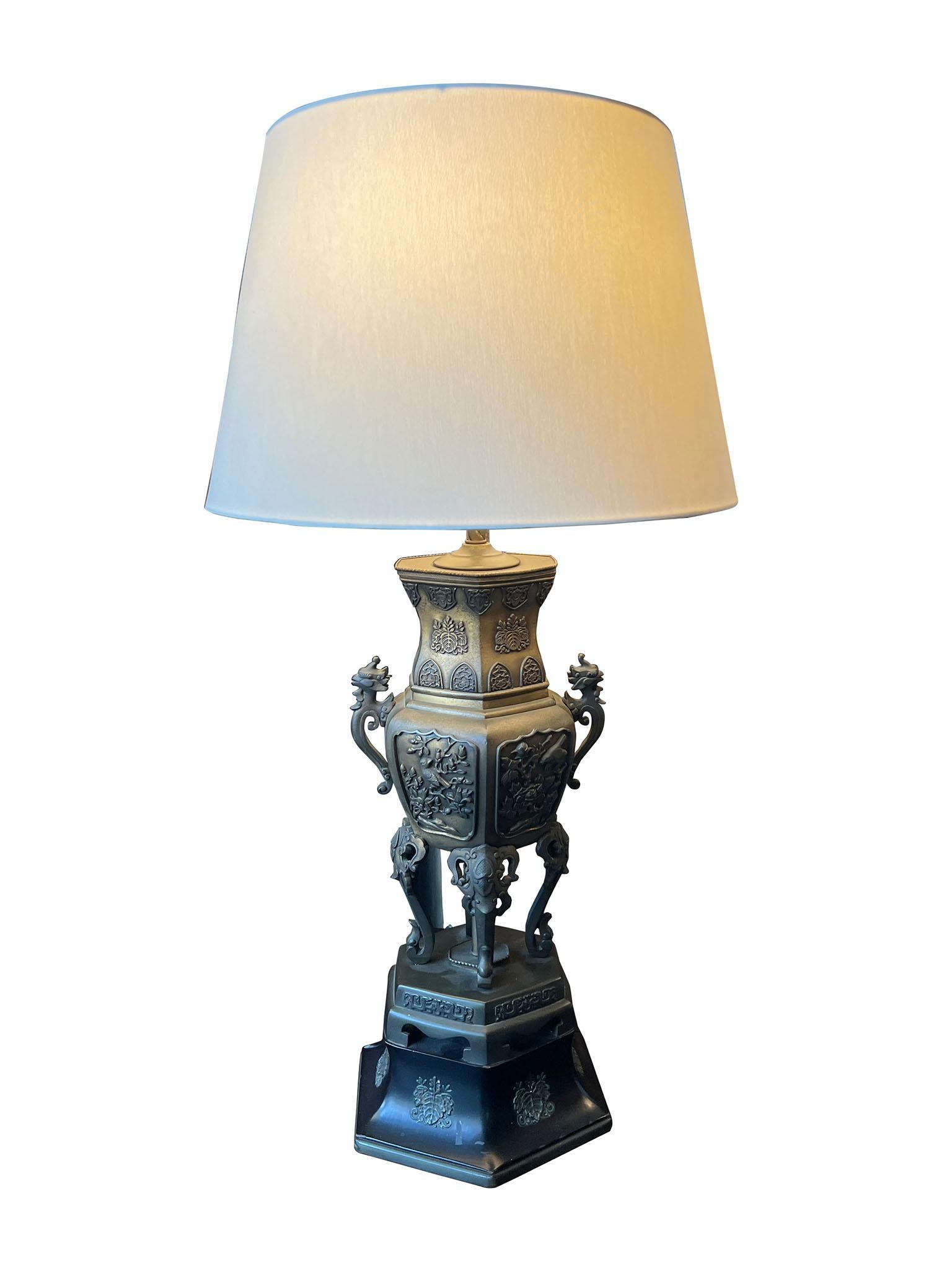 Chinese Export Pair of Chinese Bronze Table Lamps in the Style of James Mont For Sale