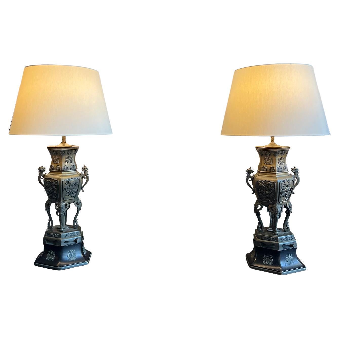 Pair of Chinese Bronze Table Lamps in the Style of James Mont For Sale