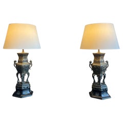 Vintage Pair of Chinese Bronze Table Lamps in the Style of James Mont