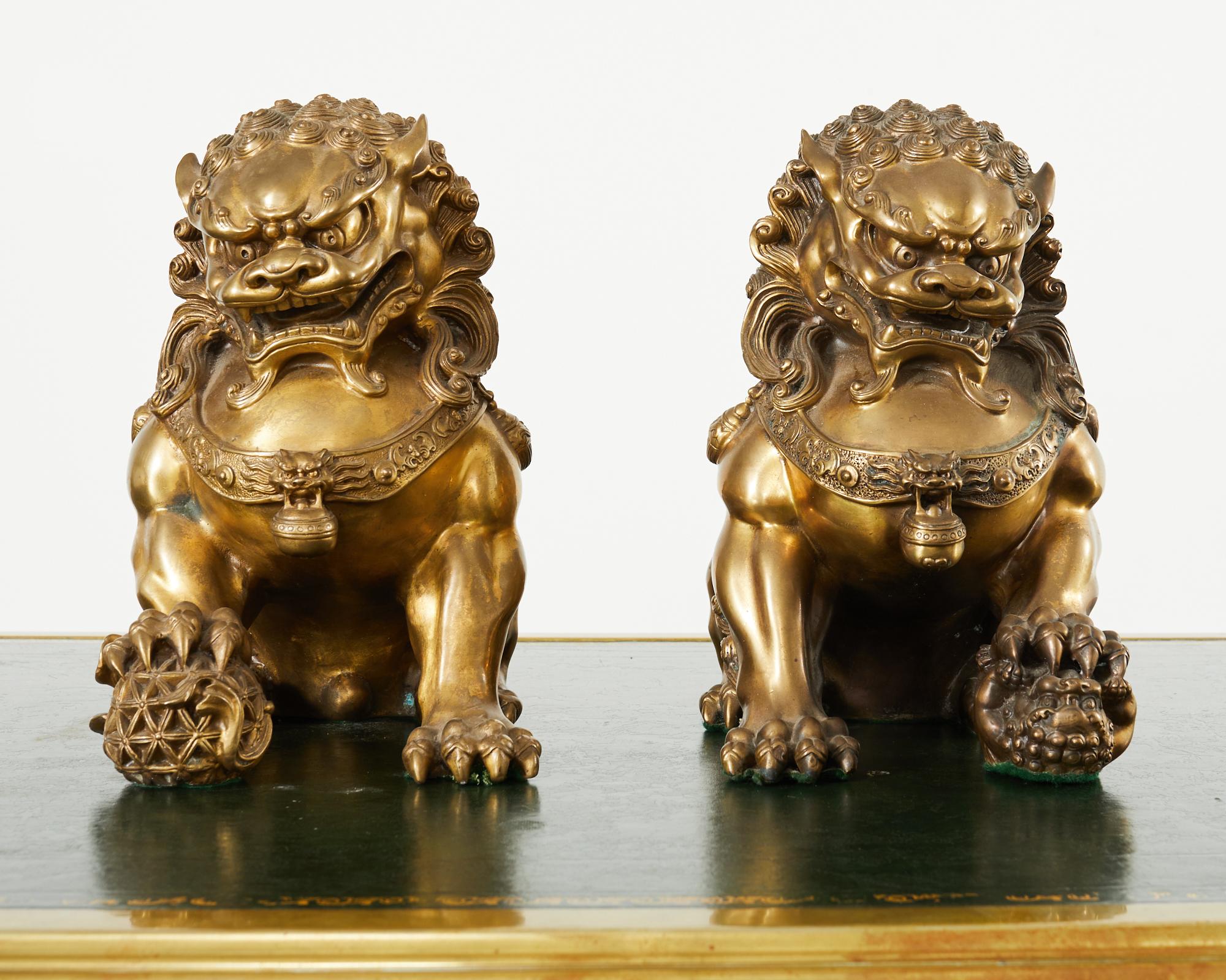 Pair of Chinese Bronzed Metal Buddhist Temple Foo Dogs Lions  For Sale 7