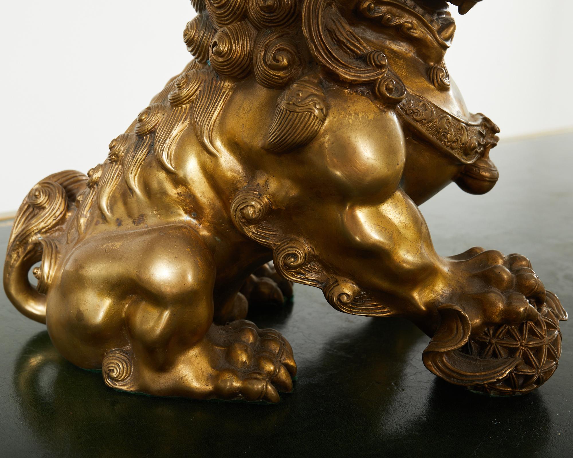 Pair of Chinese Bronzed Metal Buddhist Temple Foo Dogs Lions  For Sale 10