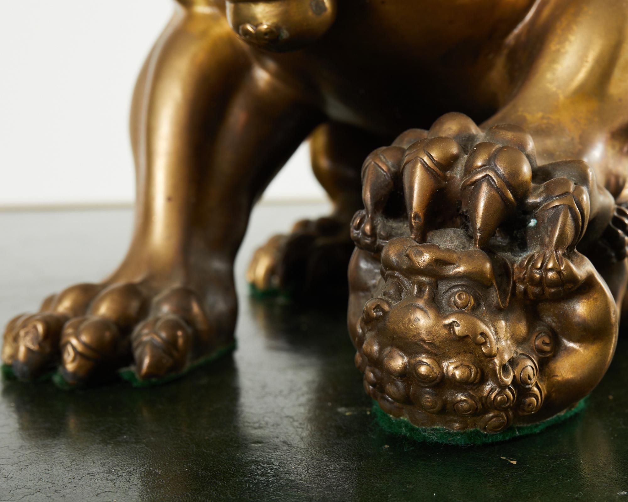 Pair of Chinese Bronzed Metal Buddhist Temple Foo Dogs Lions  For Sale 13