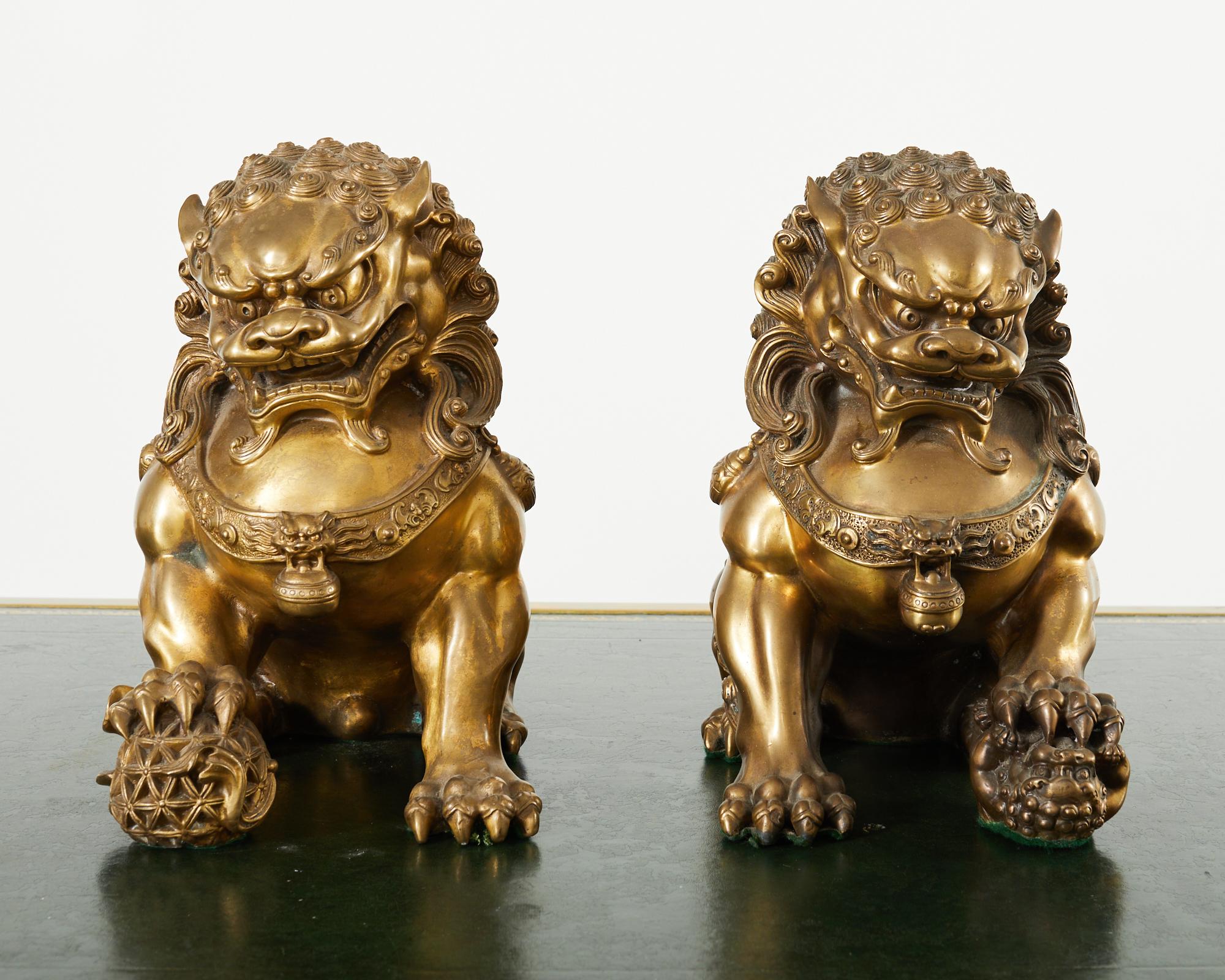 Qing Pair of Chinese Bronzed Metal Buddhist Temple Foo Dogs Lions  For Sale