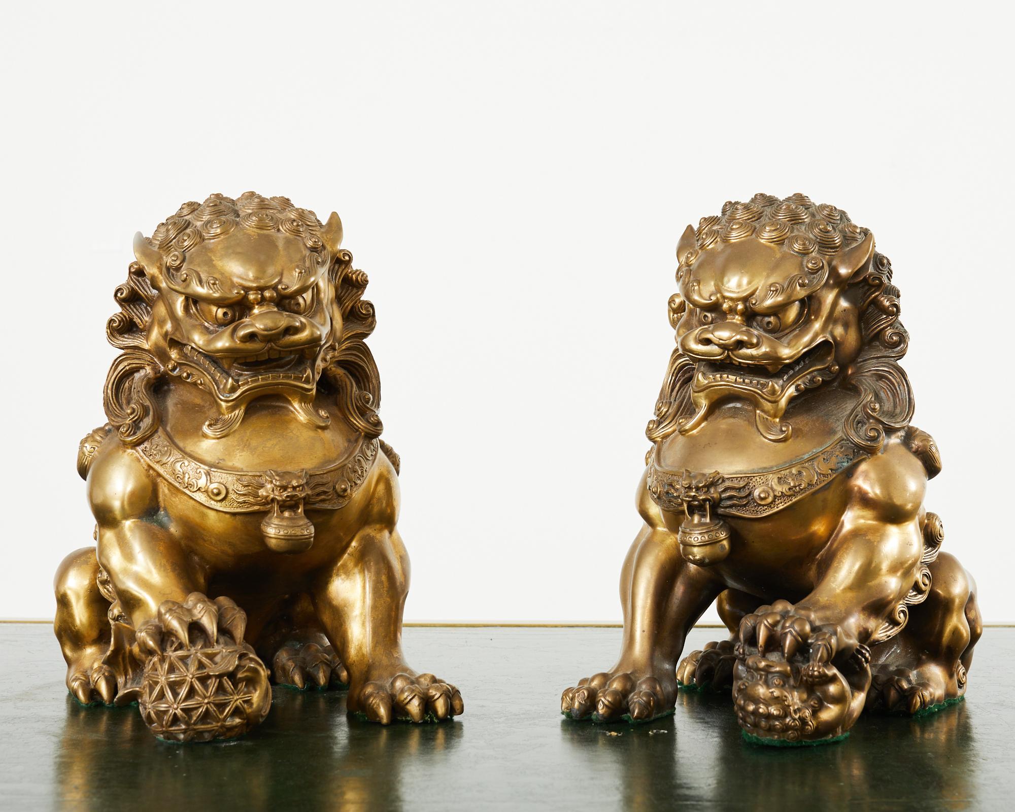 Pair of Chinese Bronzed Metal Buddhist Temple Foo Dogs Lions  In Good Condition For Sale In Rio Vista, CA