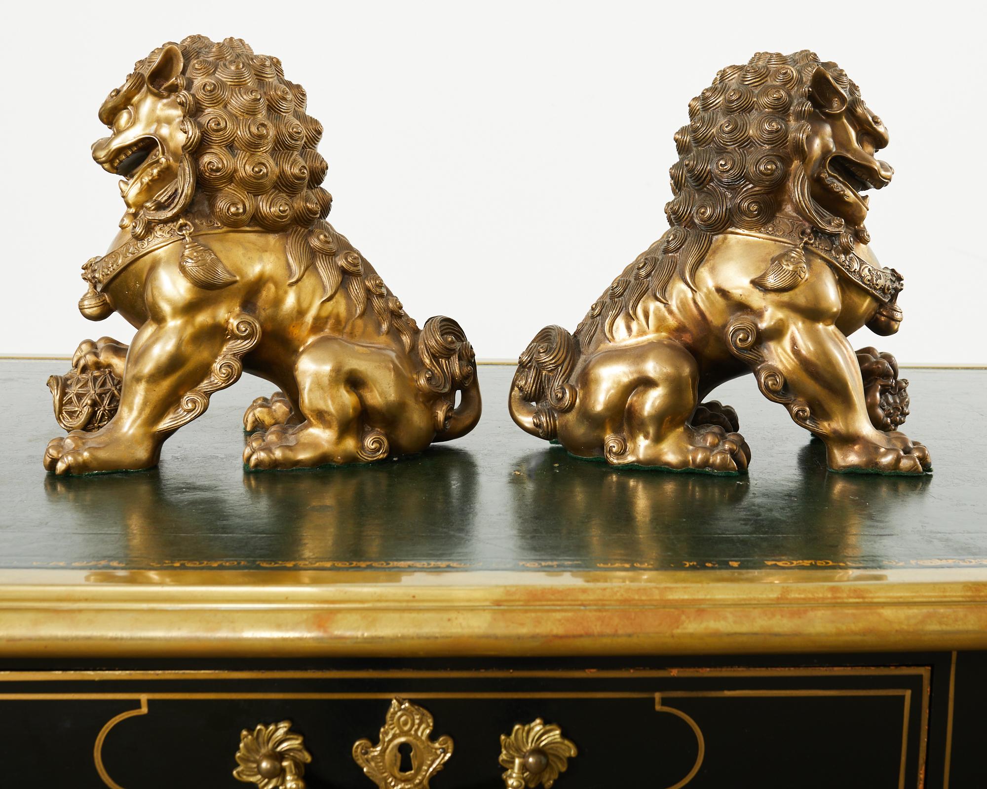 Pair of Chinese Bronzed Metal Buddhist Temple Foo Dogs Lions  For Sale 1