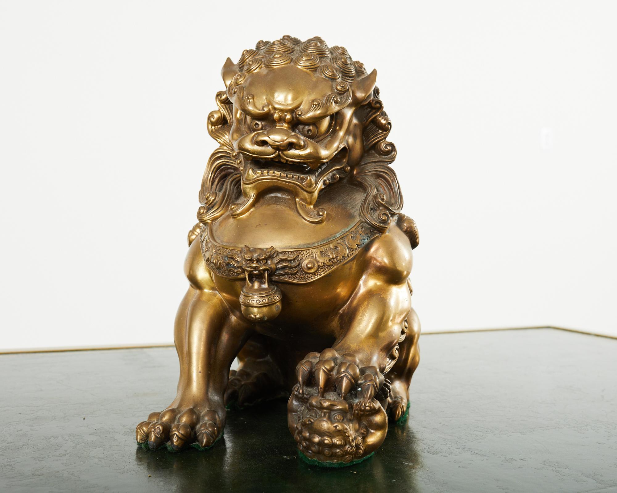 Pair of Chinese Bronzed Metal Buddhist Temple Foo Dogs Lions  For Sale 4
