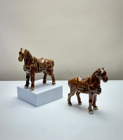 Chinese Treacle Glazed Porcelain Tang Style Horse Figurines c 1970s