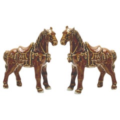 Vintage Pair of Chinese Brown Treacle Glazed ‘Tang Style’ Horses 