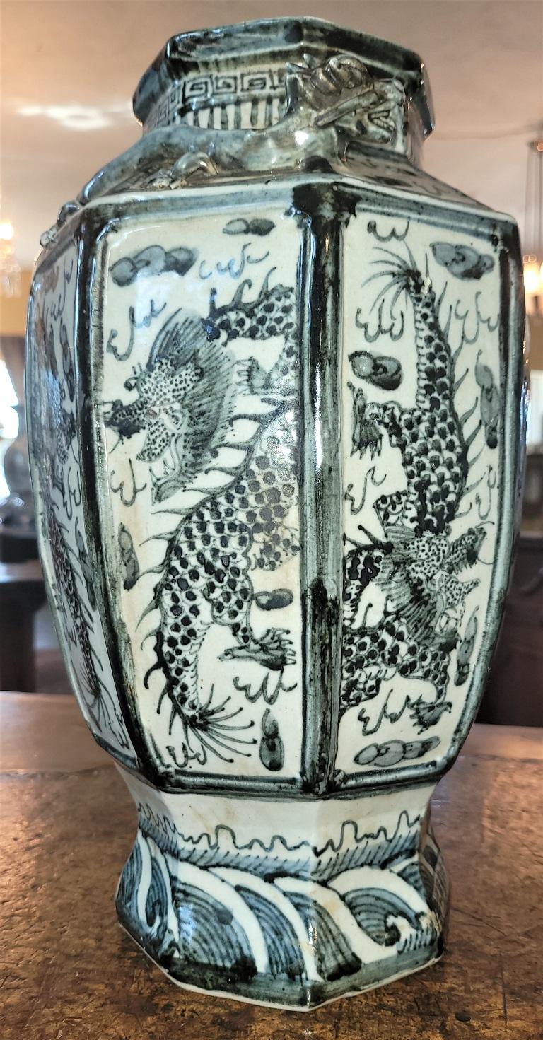 Pair of Chinese B&W Hand Painted Dragon Urns 4