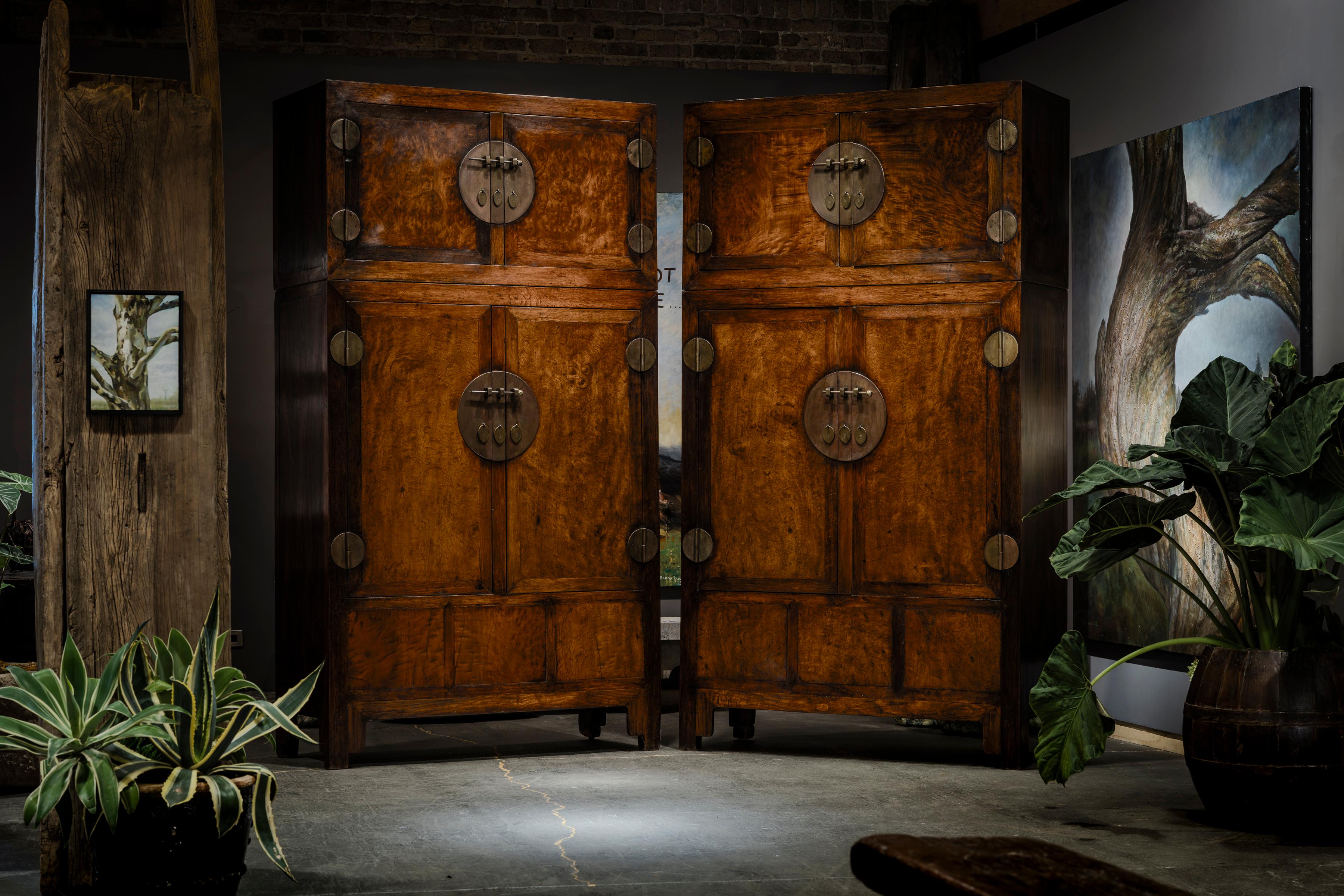 Qing Pair of Chinese Camphor Burl Compound Cabinets, c. 1850 For Sale