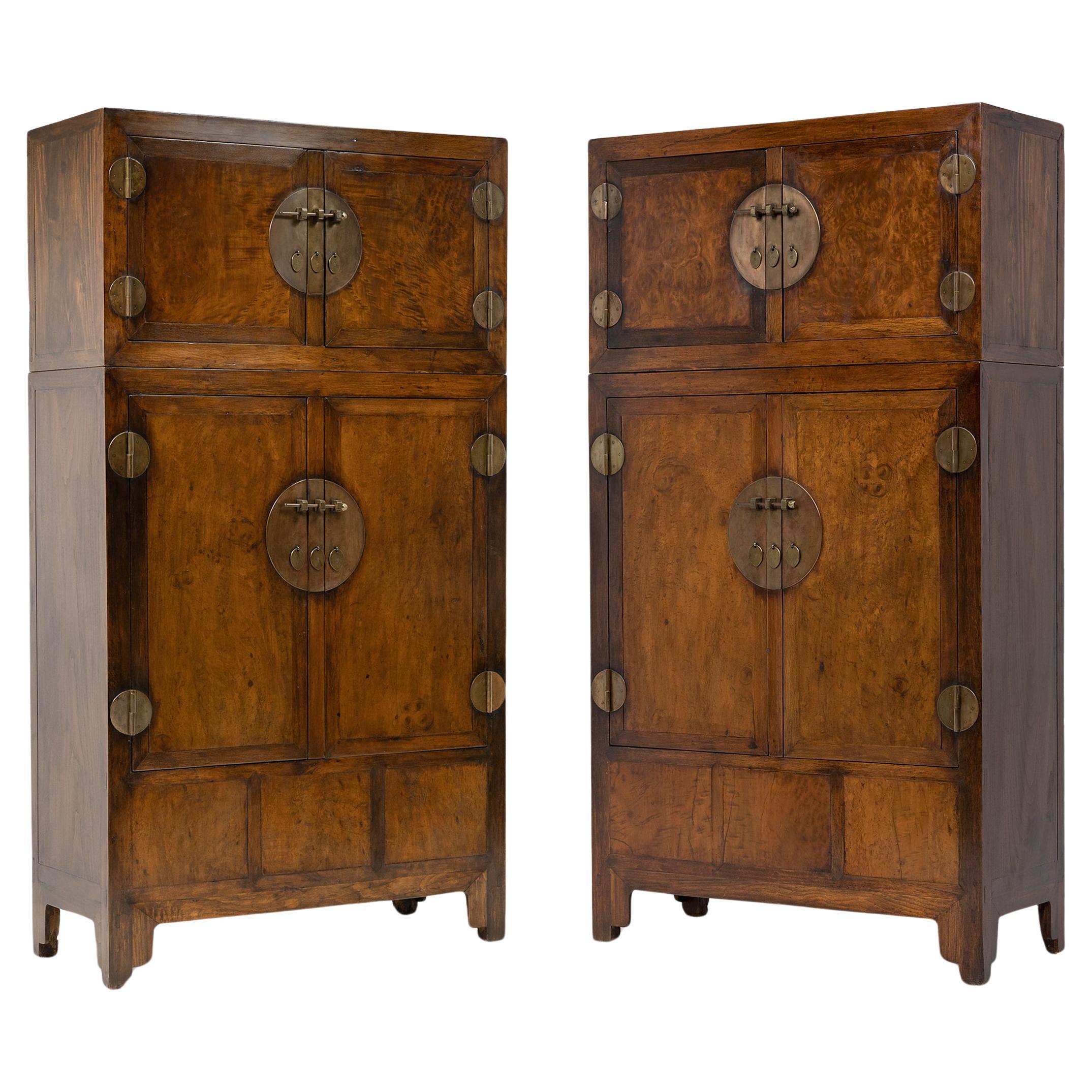 Pair of Chinese Camphor Burl Compound Cabinets, c. 1850