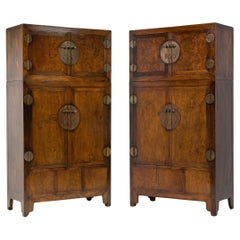Antique Pair of Chinese Camphor Burl Compound Cabinets, c. 1850