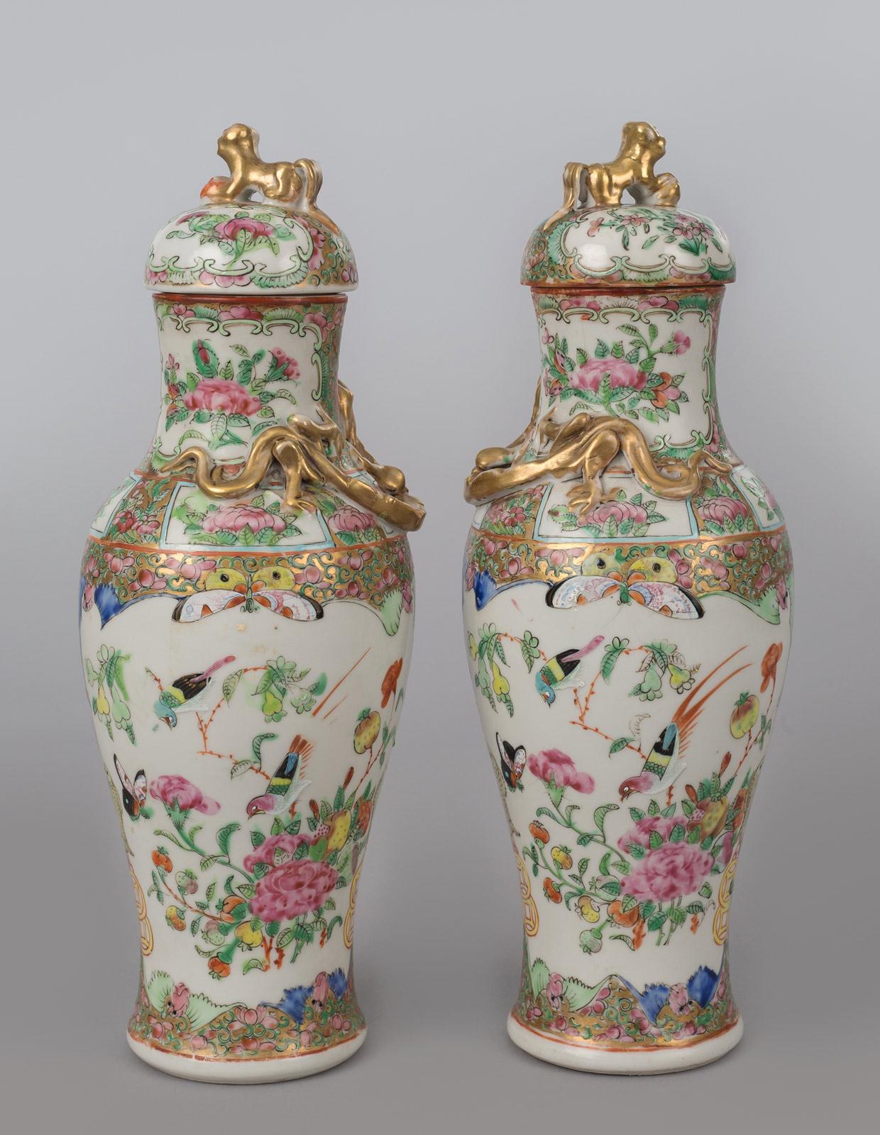 Chinese Export Pair of Chinese Canton Famille Rose Lidded Vases