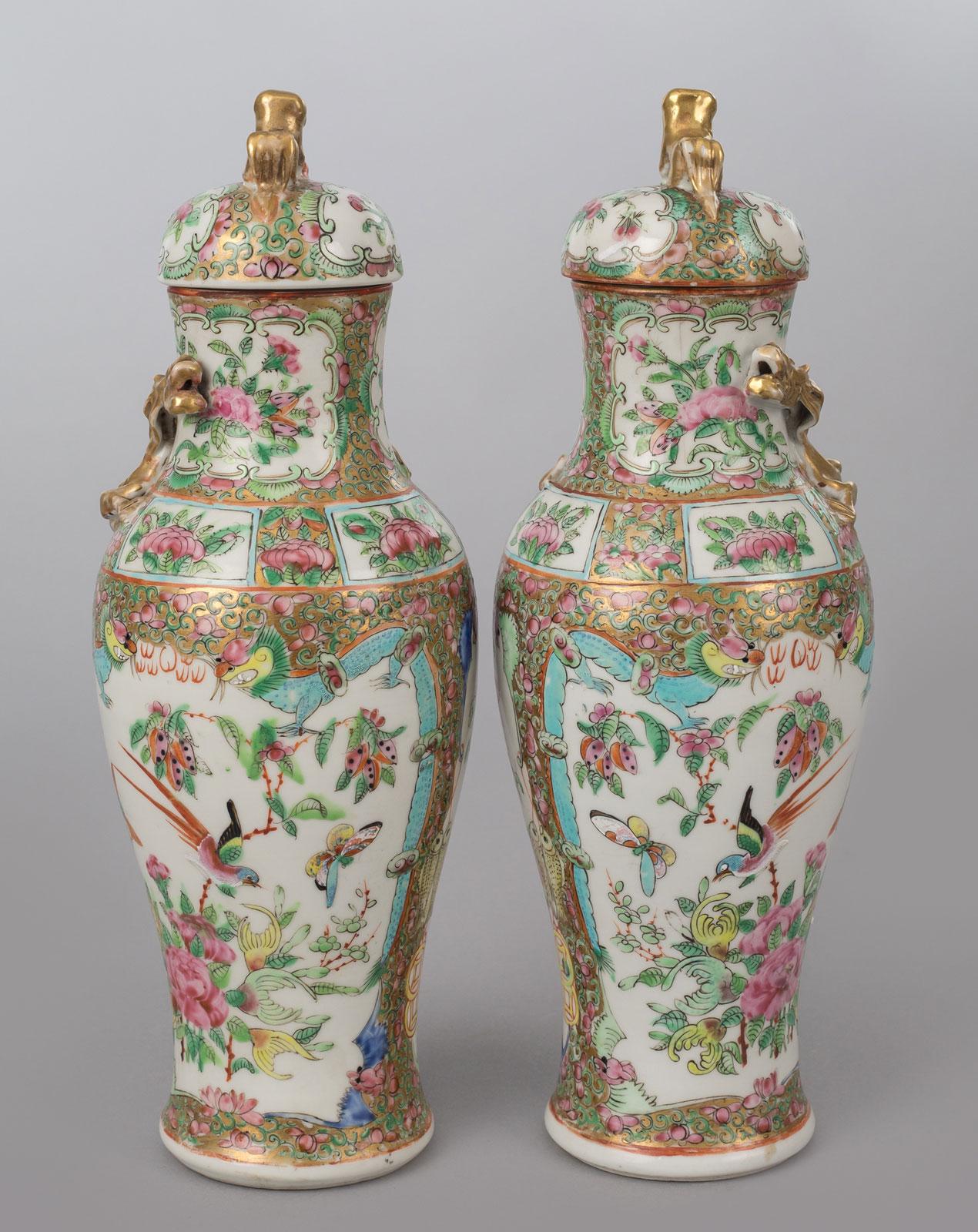 Glazed Pair of Chinese Canton Famille Rose Lidded Vases