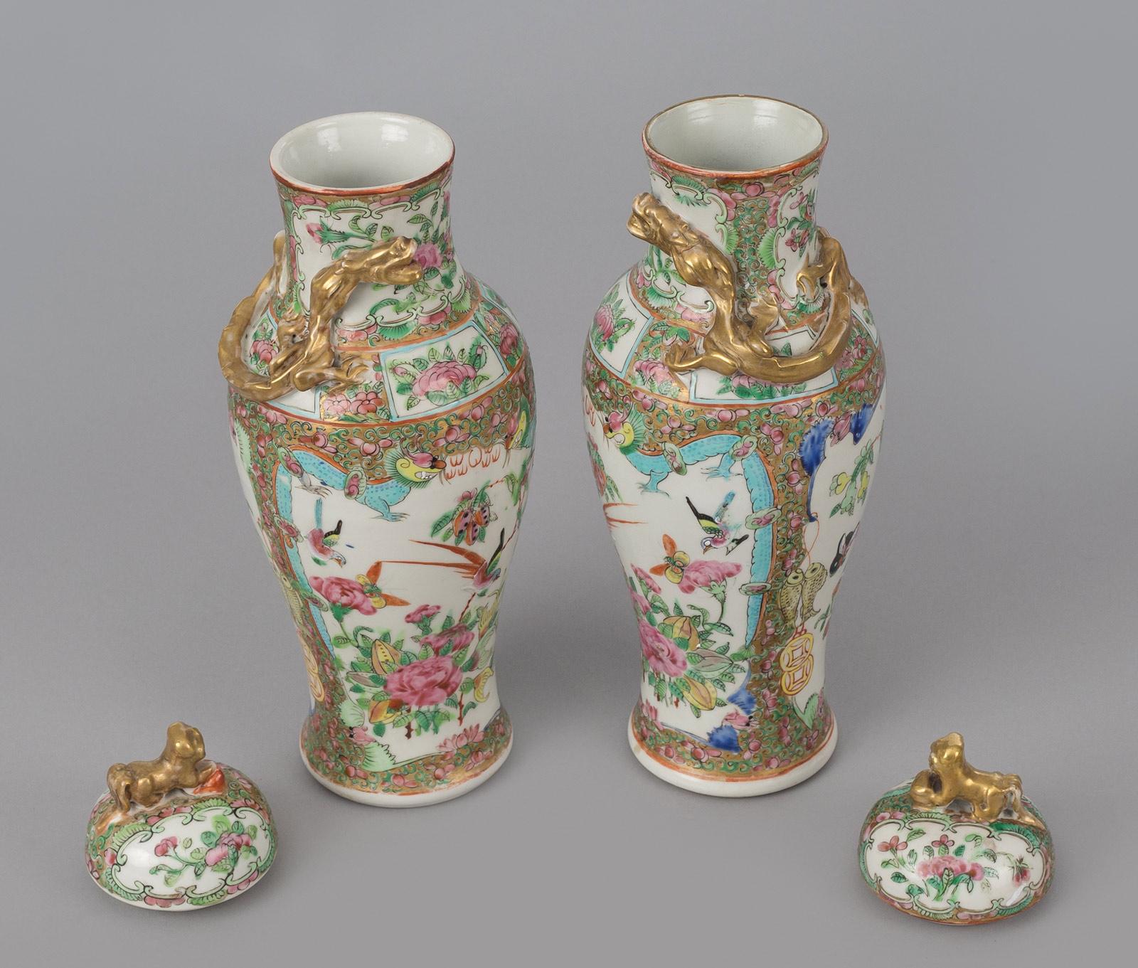 Pair of Chinese Canton Famille Rose Lidded Vases In Excellent Condition In Sheffield, MA