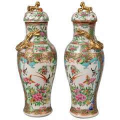 Pair of Chinese Canton Famille Rose Lidded Vases