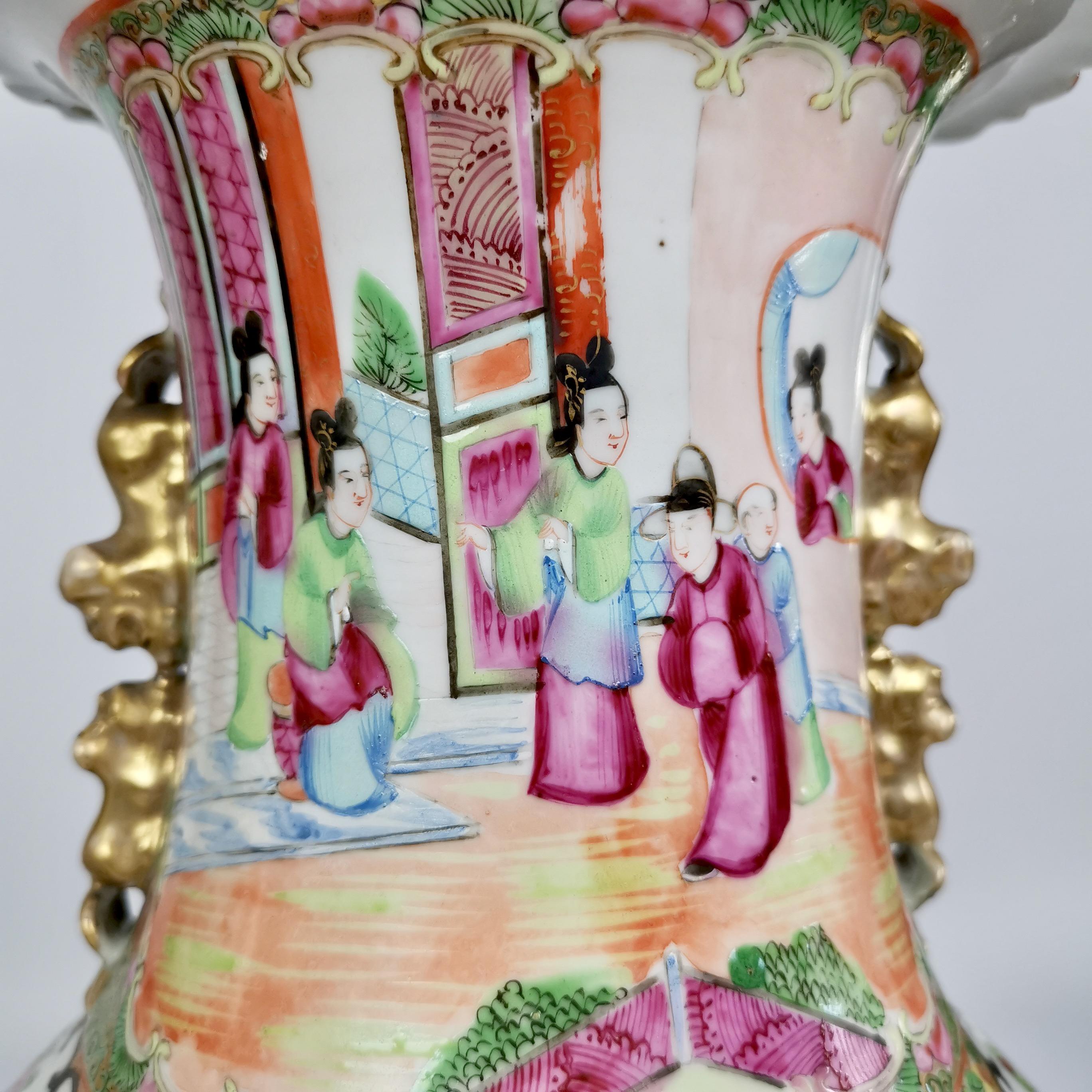 Pair of Chinese Canton Porcelain Vases, Family Scenes, Birds, Flowers, 1830-1860 3