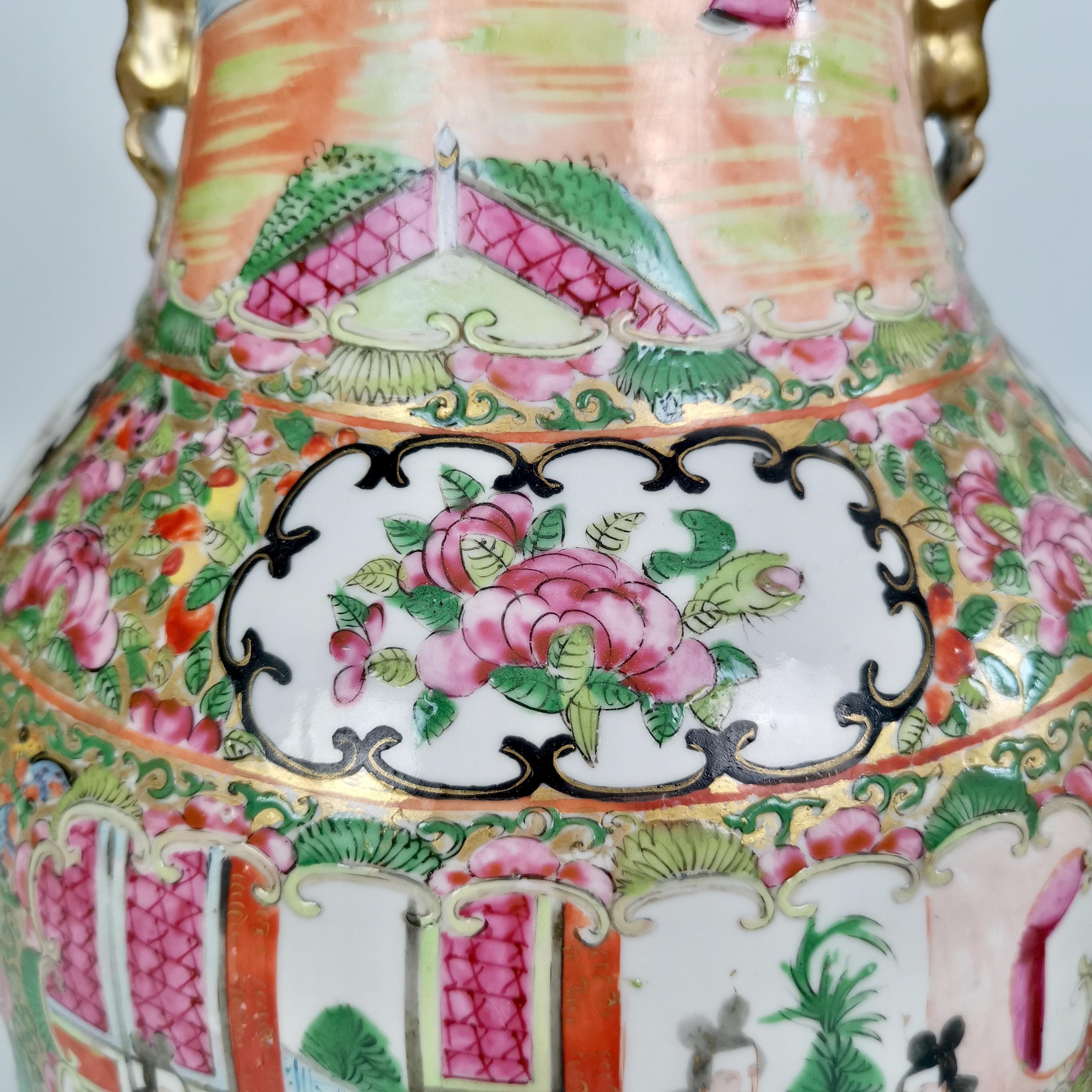 Pair of Chinese Canton Porcelain Vases, Family Scenes, Birds, Flowers, 1830-1860 4