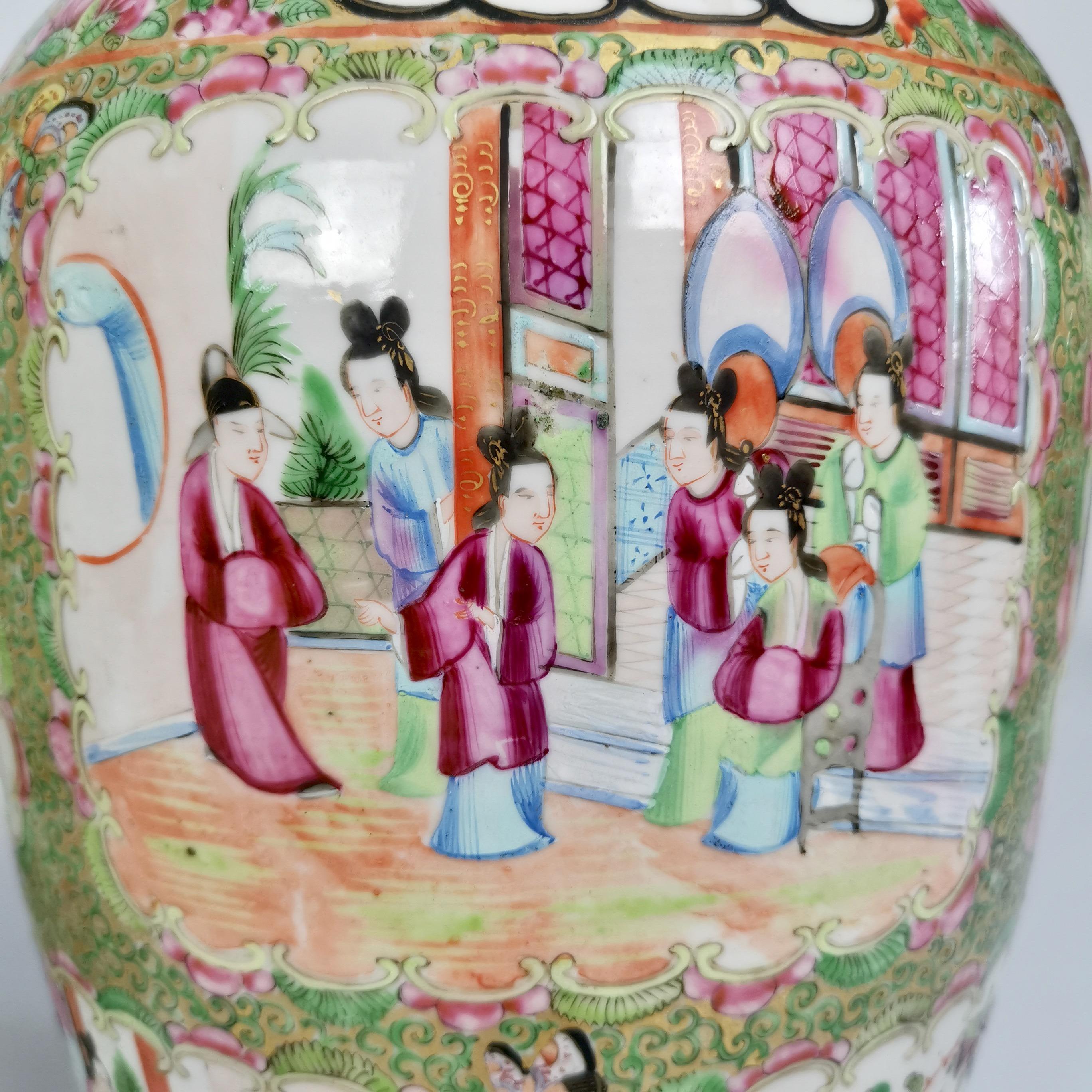 Hand-Painted Pair of Chinese Canton Porcelain Vases, Family Scenes, Birds, Flowers, 1830-1860