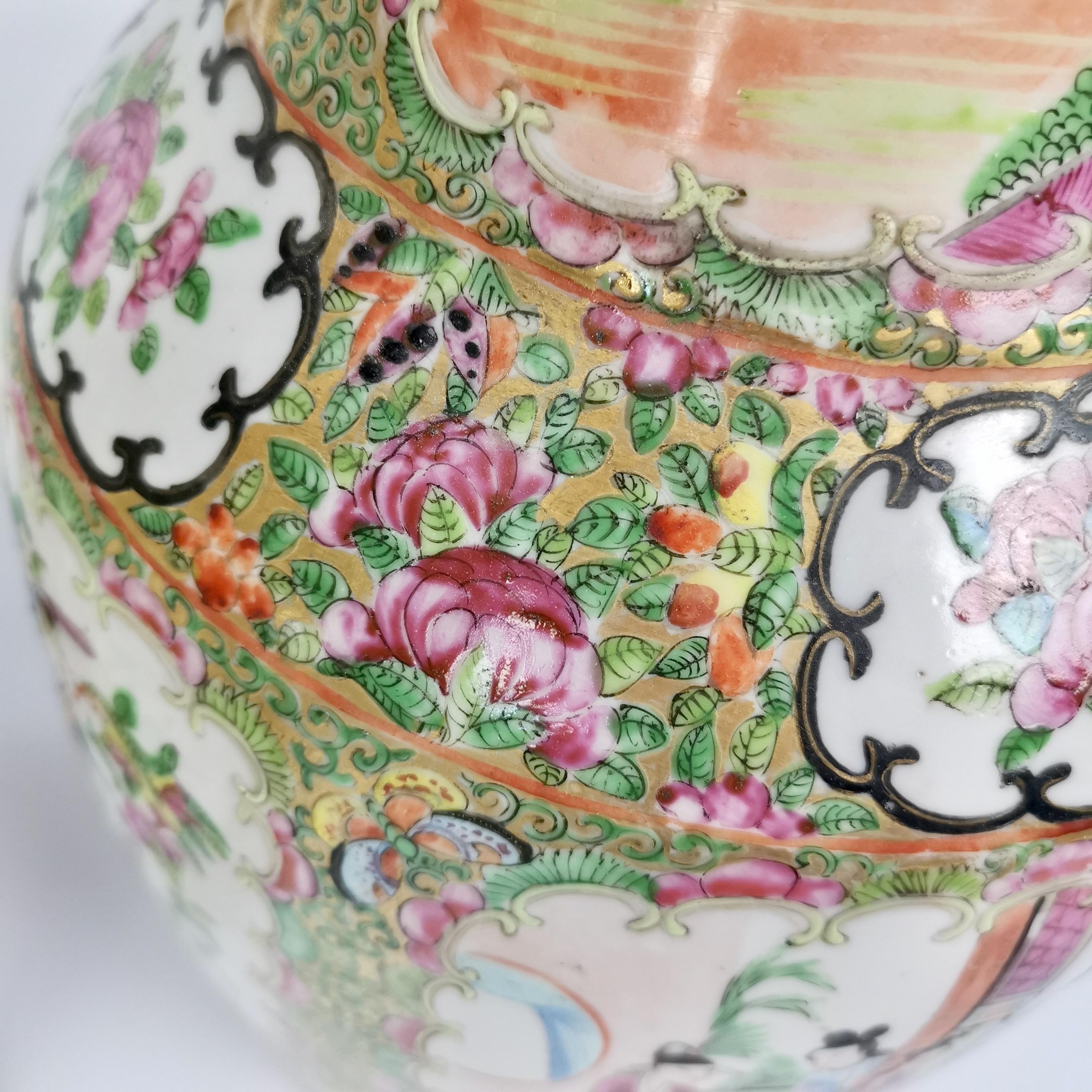 19th Century Pair of Chinese Canton Porcelain Vases, Family Scenes, Birds, Flowers, 1830-1860