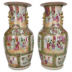 Pair of Chinese Canton Porcelain Vases, Family Scenes, Birds, Flowers, 1830-1860
