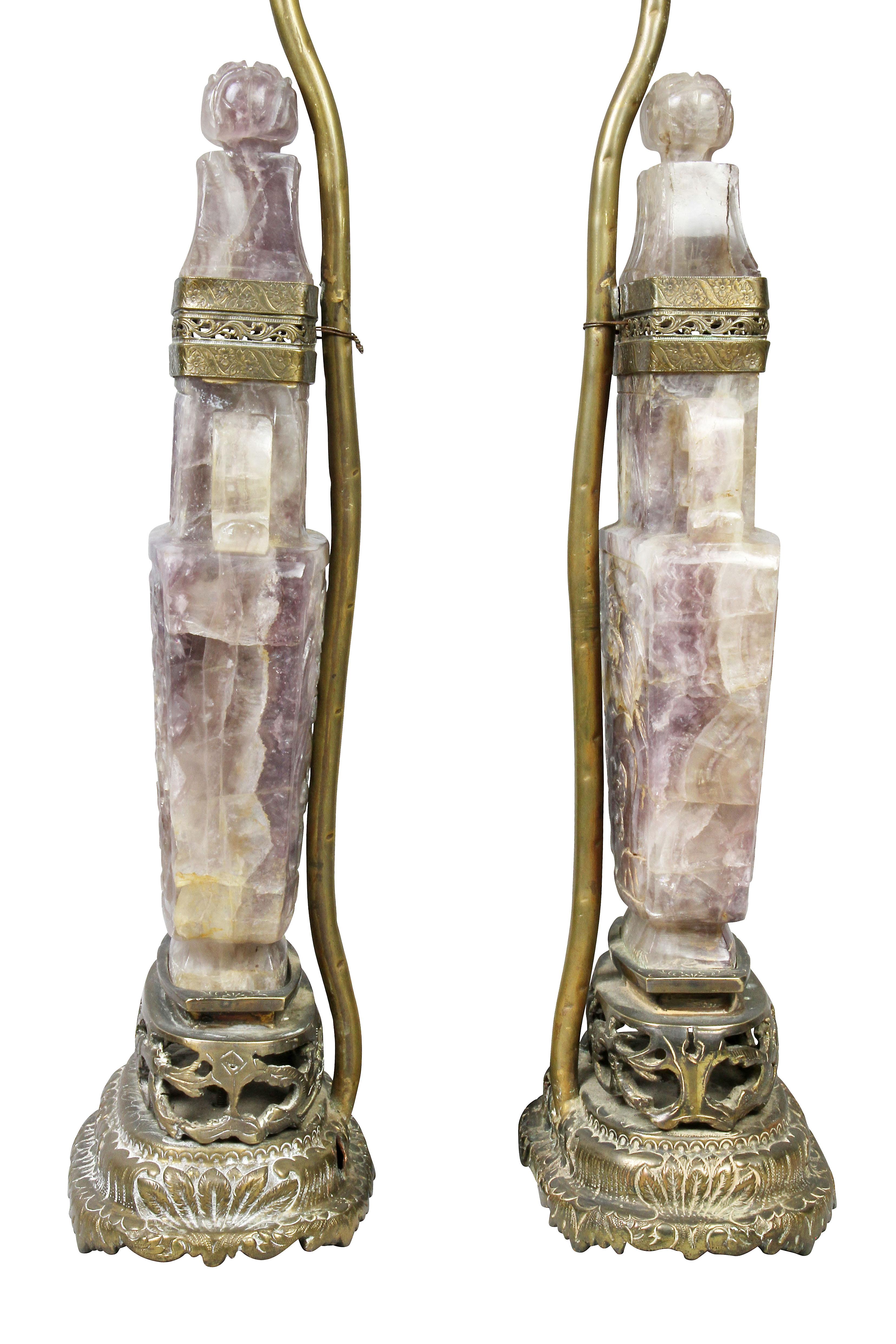 Pair of Chinese Carved Amethyst Table Lamps with Fine Shades 9