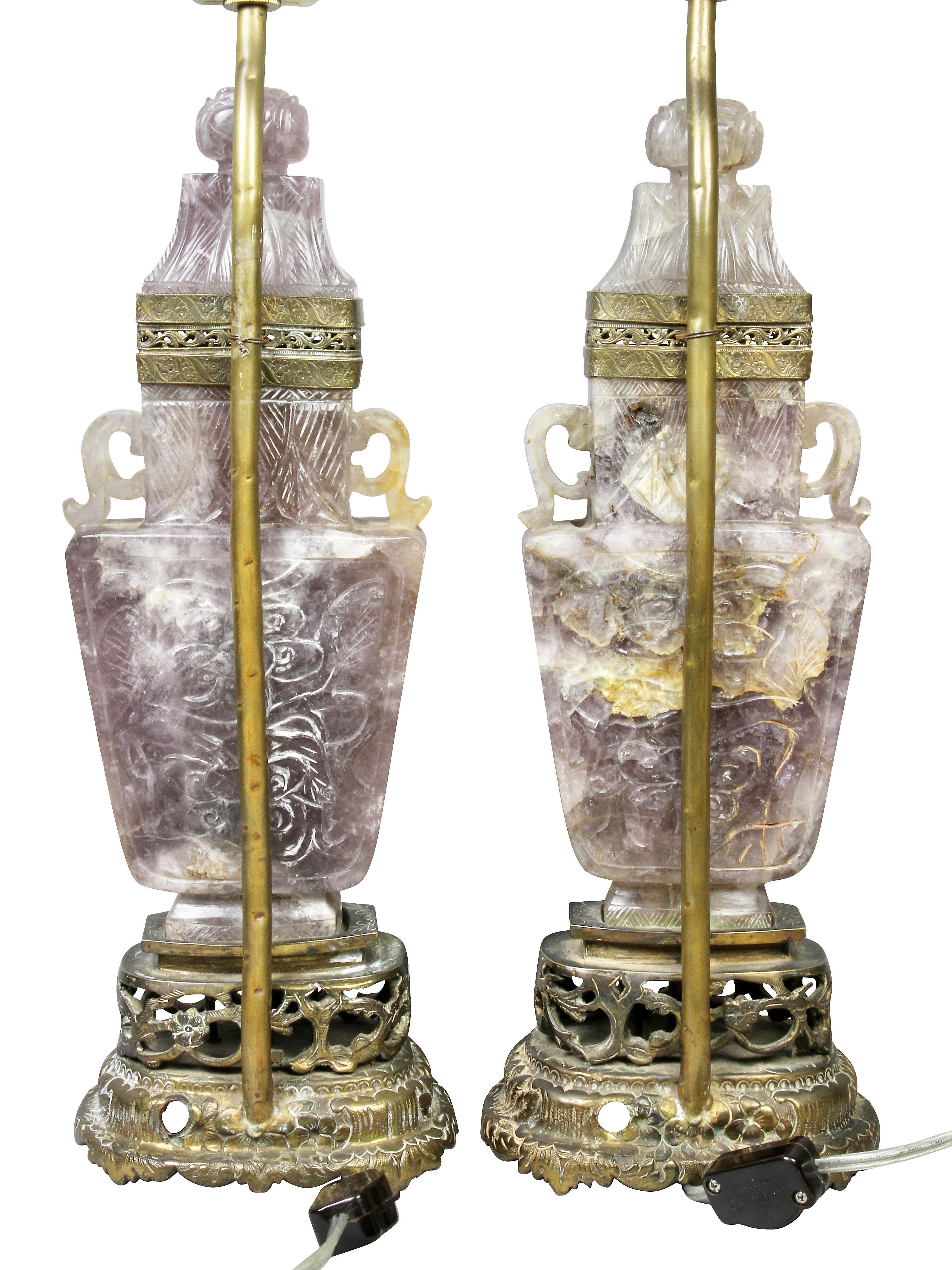Pair of Chinese Carved Amethyst Table Lamps with Fine Shades 10