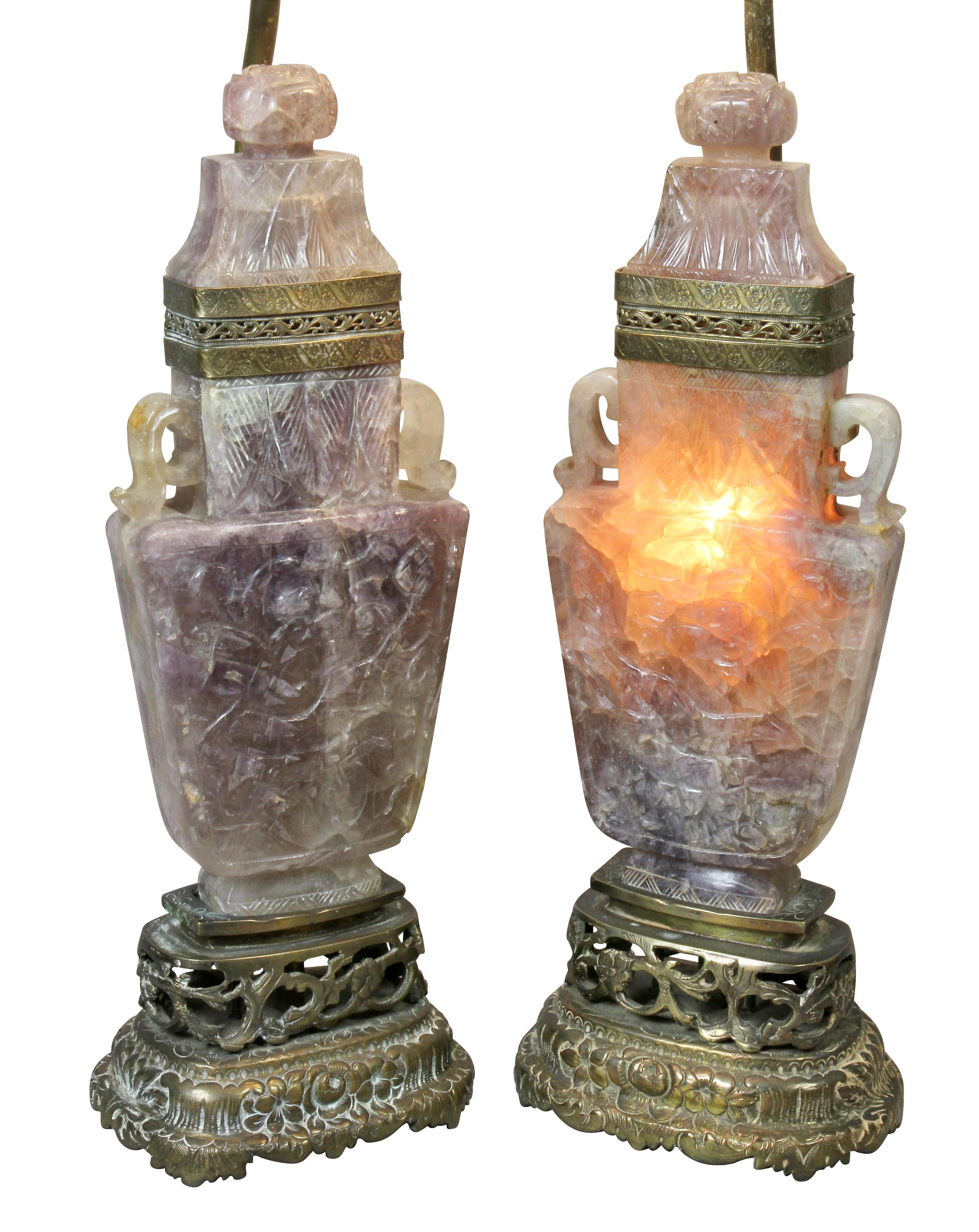 Pair of Chinese Carved Amethyst Table Lamps with Fine Shades In Good Condition In Essex, MA