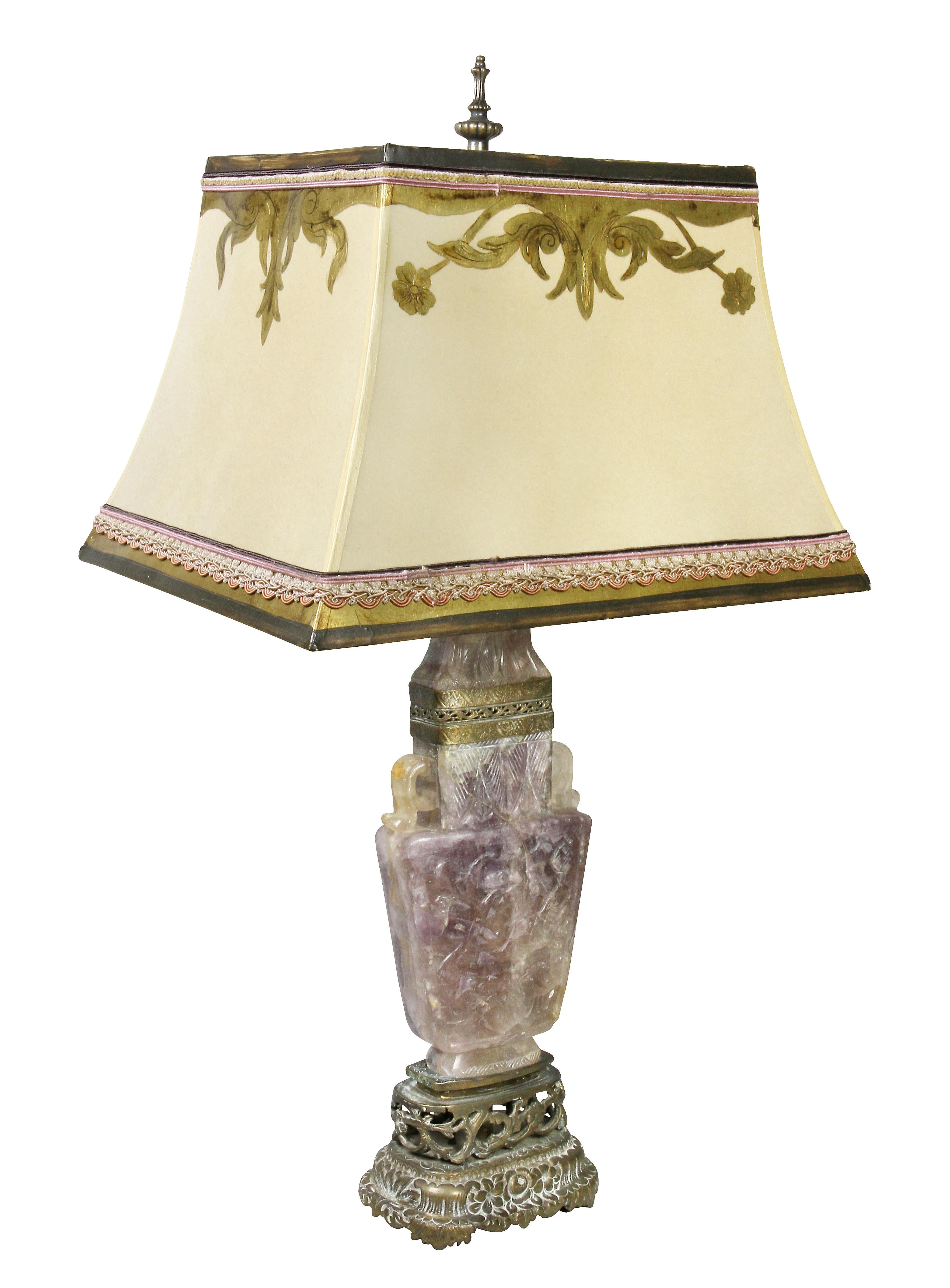 Pair of Chinese Carved Amethyst Table Lamps with Fine Shades 1