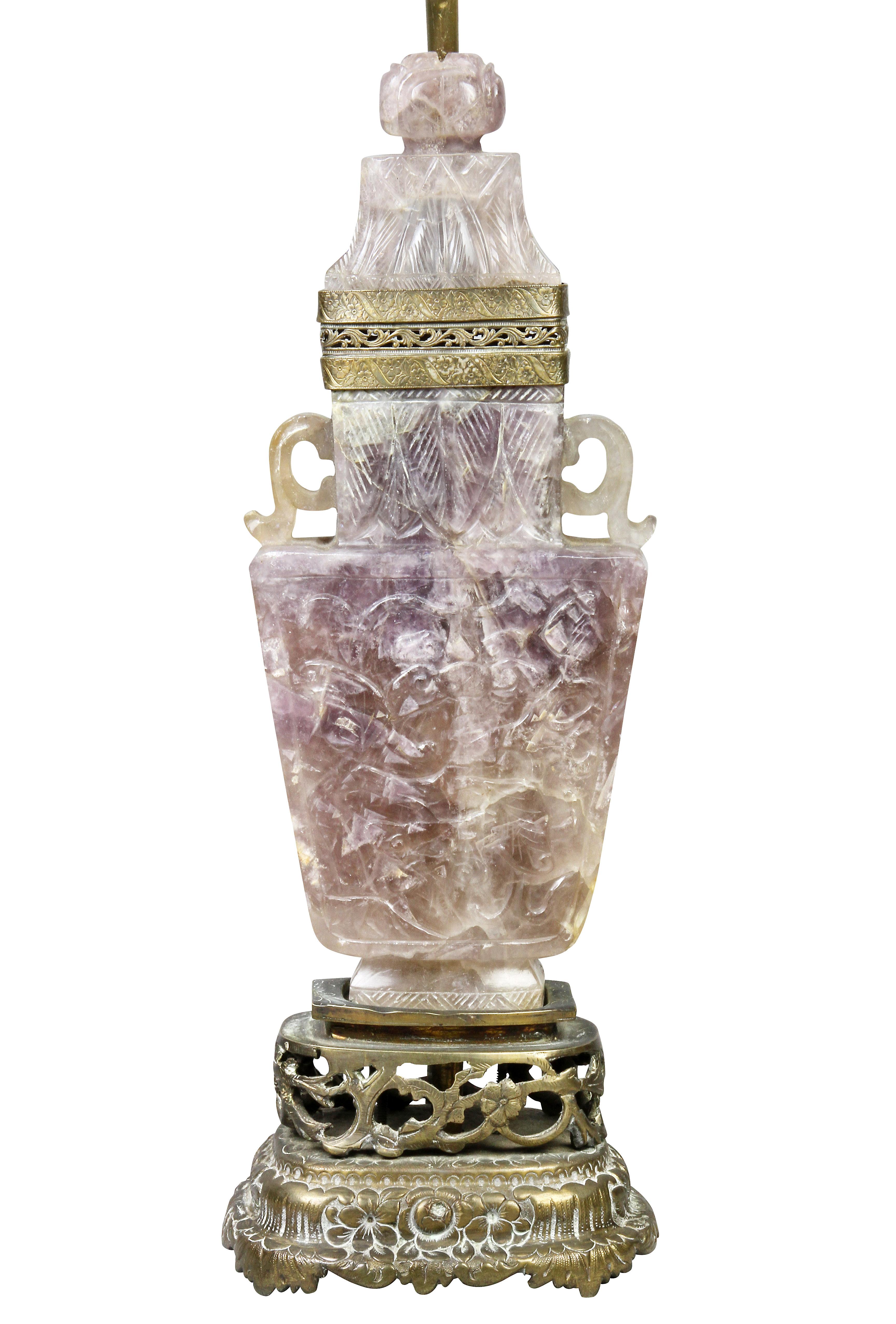 Pair of Chinese Carved Amethyst Table Lamps with Fine Shades 2