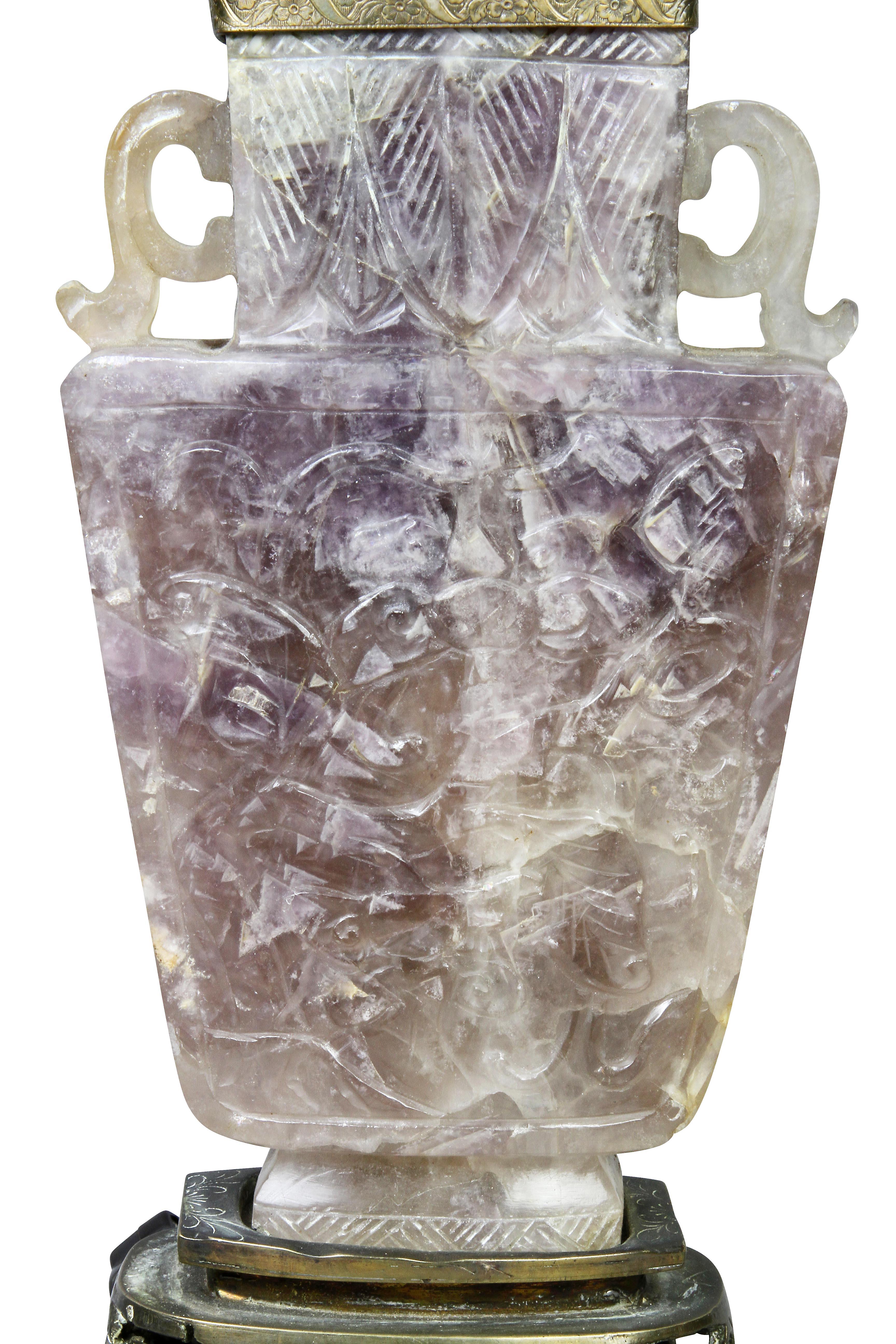 Pair of Chinese Carved Amethyst Table Lamps with Fine Shades 5