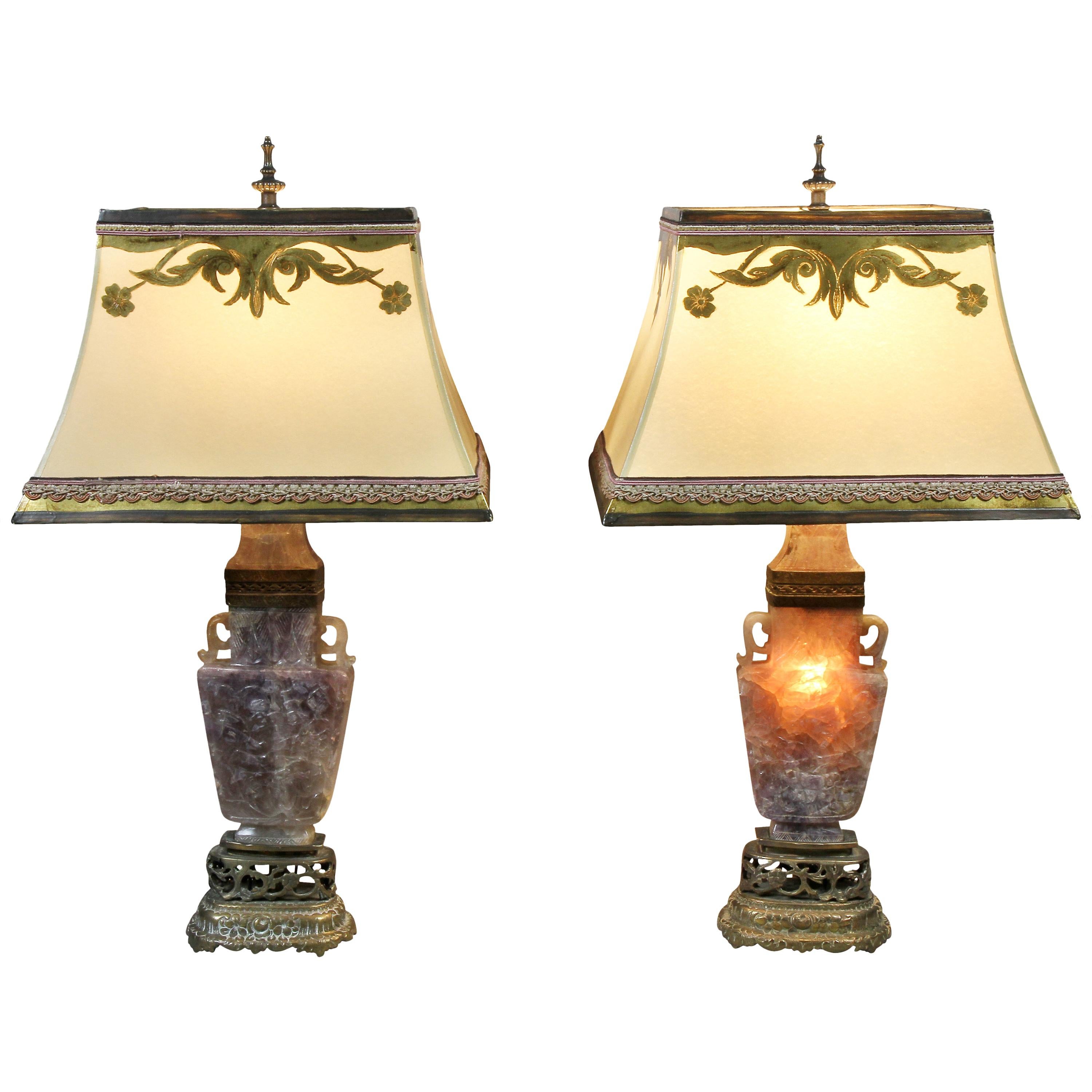 Pair of Chinese Carved Amethyst Table Lamps with Fine Shades