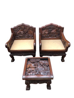 Pair of Chinese Carved Armchairs and Table Suite, 20th Century