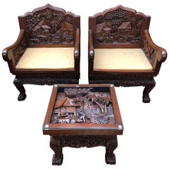 Pair of Chinese Carved Armchairs and Table Suite, 20th Century