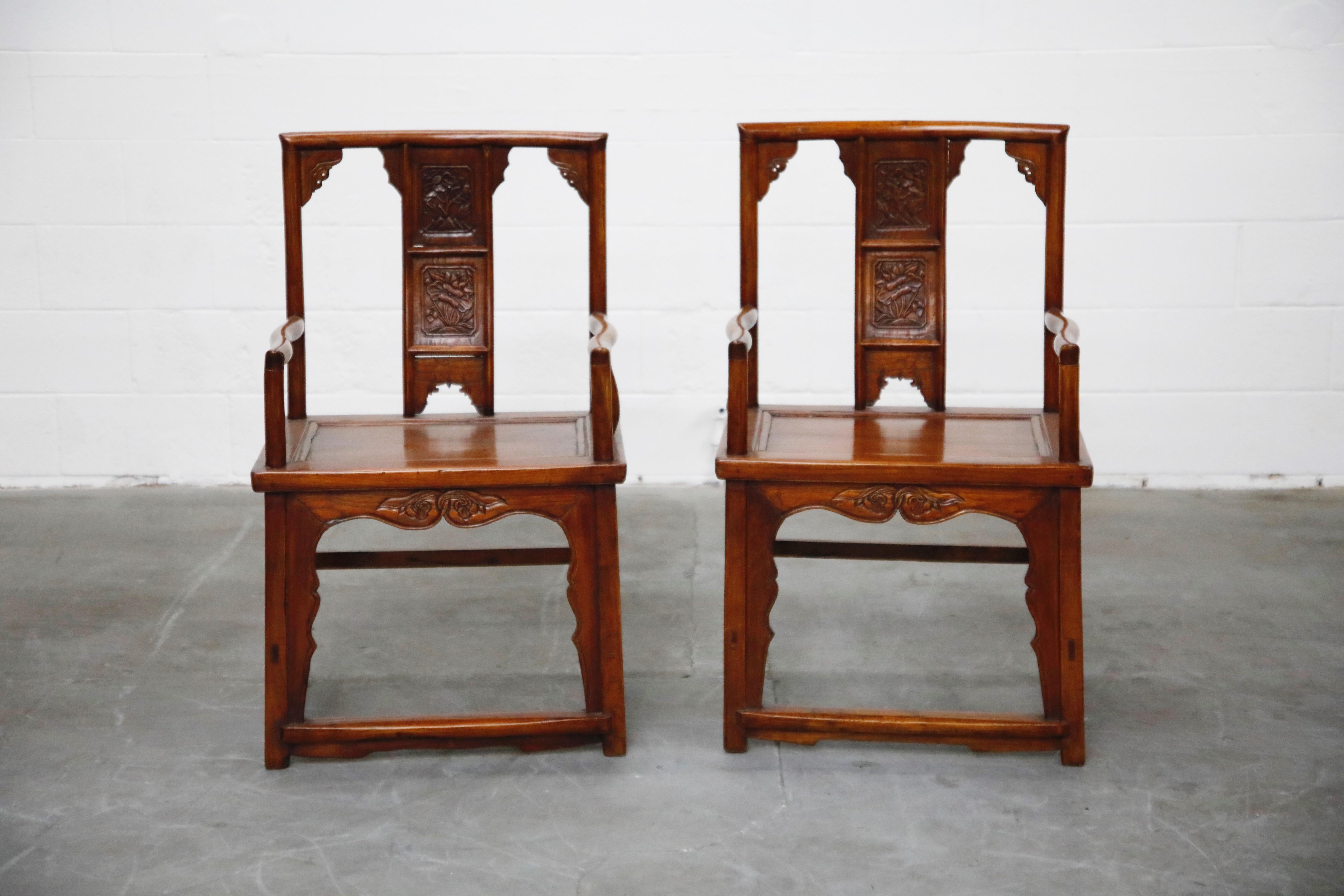 *MOVING SALE / NO RESERVE* Pair of beautifully carved Chinese armchairs. These noble looking chairs have been expertly crafted, central splats which feature floral carvings that mirror one another. There are also etched embellishments of the seat
