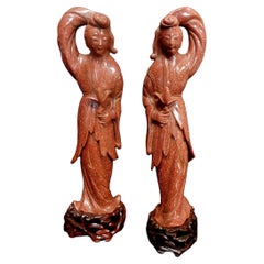 Antique Pair of Chinese Carved Aventurine Quanyin Figures 