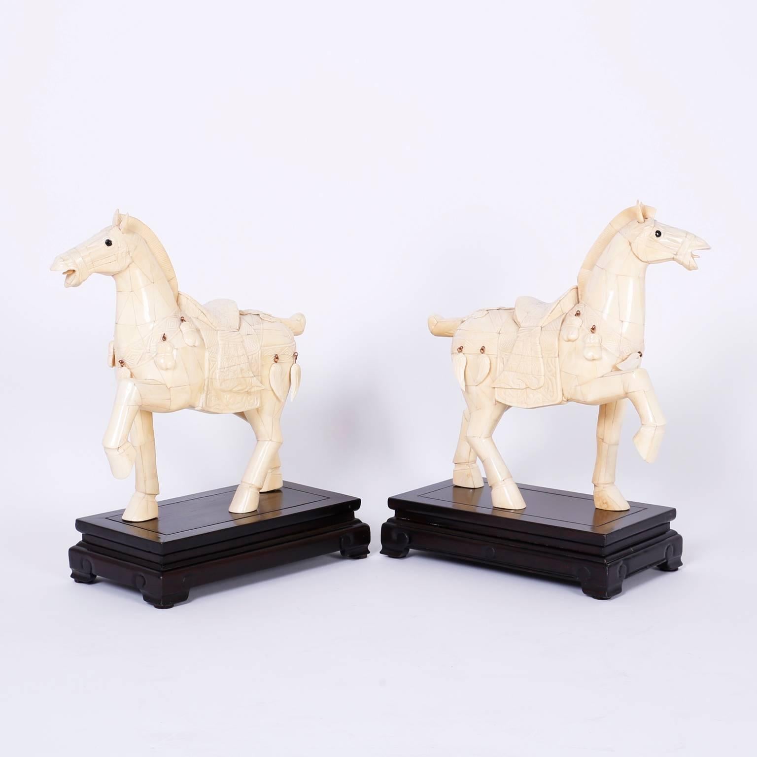 Mid-Century Modern Pair of Chinese Carved Bone Horses