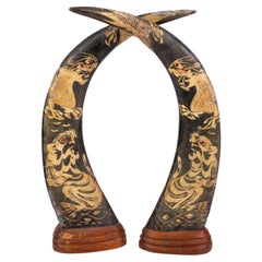 Vintage Pair of Chinese Carved Buffalo Horns with Dragons